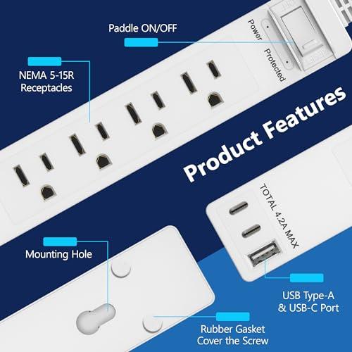 LIDER LIDER Outlet Extender with 4 Receptacles, USB Type-A and 2 USB Type-C, Ultra-Thin Flat-Plug with Cord Extender, 4-Outlet Power Strip, Slim Angled Design, Surge Protector, 720 Joules, 5ft Cord, White