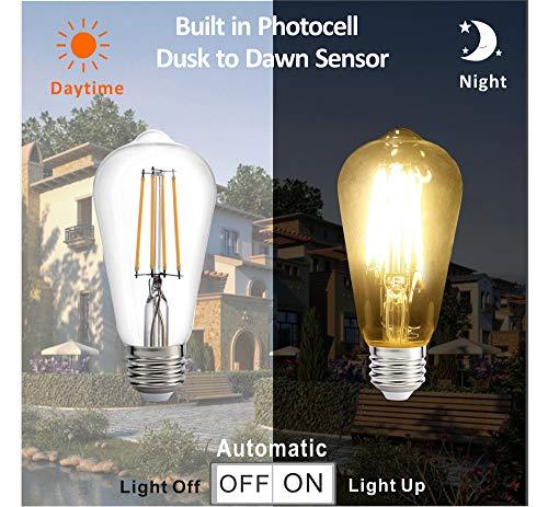 Spolico Dusk to Dawn LED Lights Bulb,Photocell Sensor Bulb, Auto Turn On/Off, ST58 ST19 60W Edison Replacement, E26 8W 800lm,Warm White 2700K for Outdoor Wall Light Fixture Garden Garage Porch Pack of 2