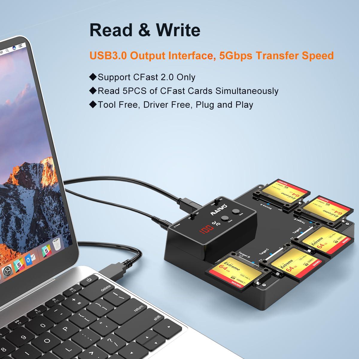 MAIWO MAIWO CFast Card Reader with Offline Clone, 5X 512GB Storage Expansion, 5 Bay CFast 2.0 Memory Card to USB 3.0 Adapter Cloner Duplicator