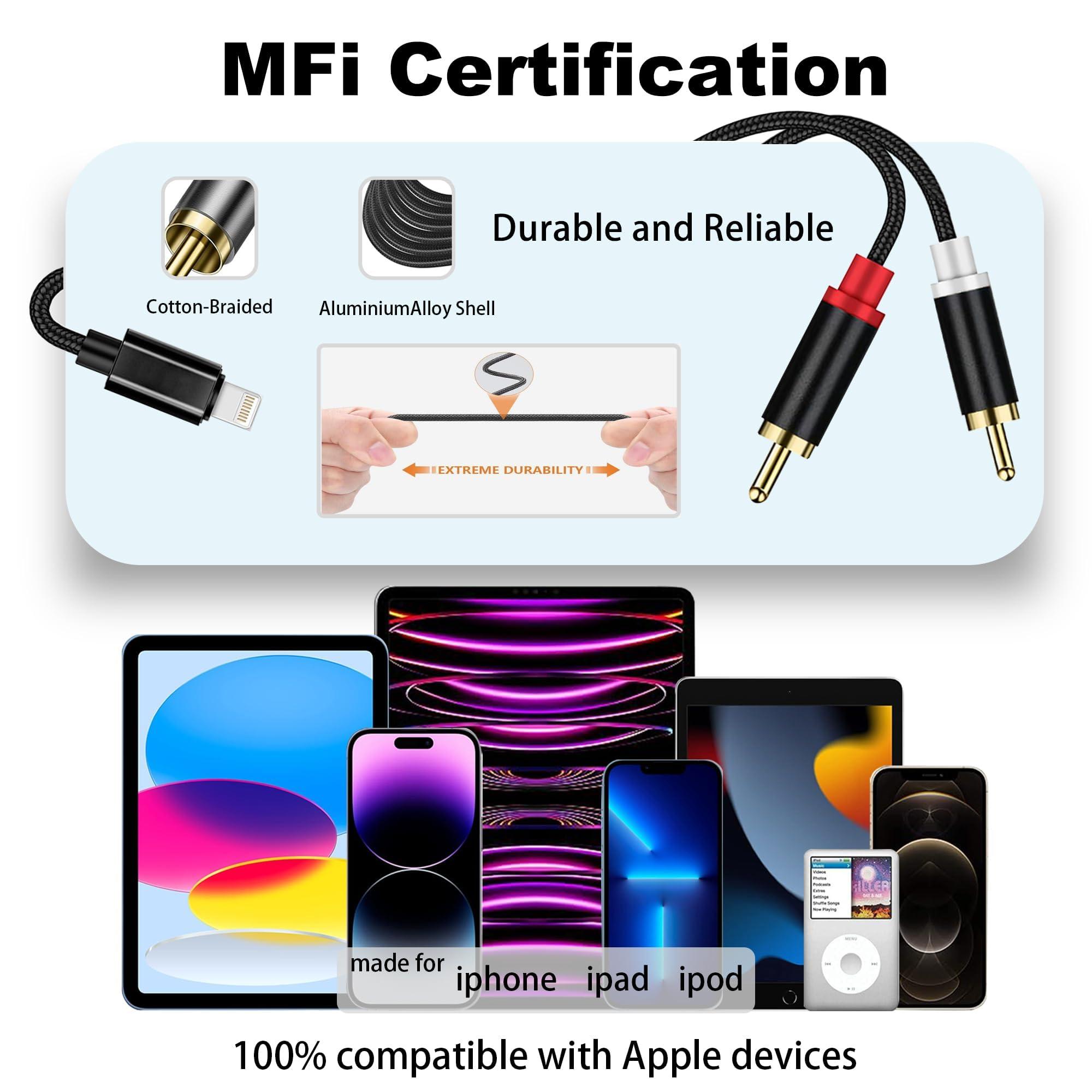 RICHUPON [Apple MFi Certified] Lightning to RCA Cable Audio Aux Adapter2-Male Y Splitter Aux Cord Compatible with iPhone 14 13 12 11 Pro XS XR X 8 7 for Amplifier, Car, Home Theater, Speaker and More (3.9FT)