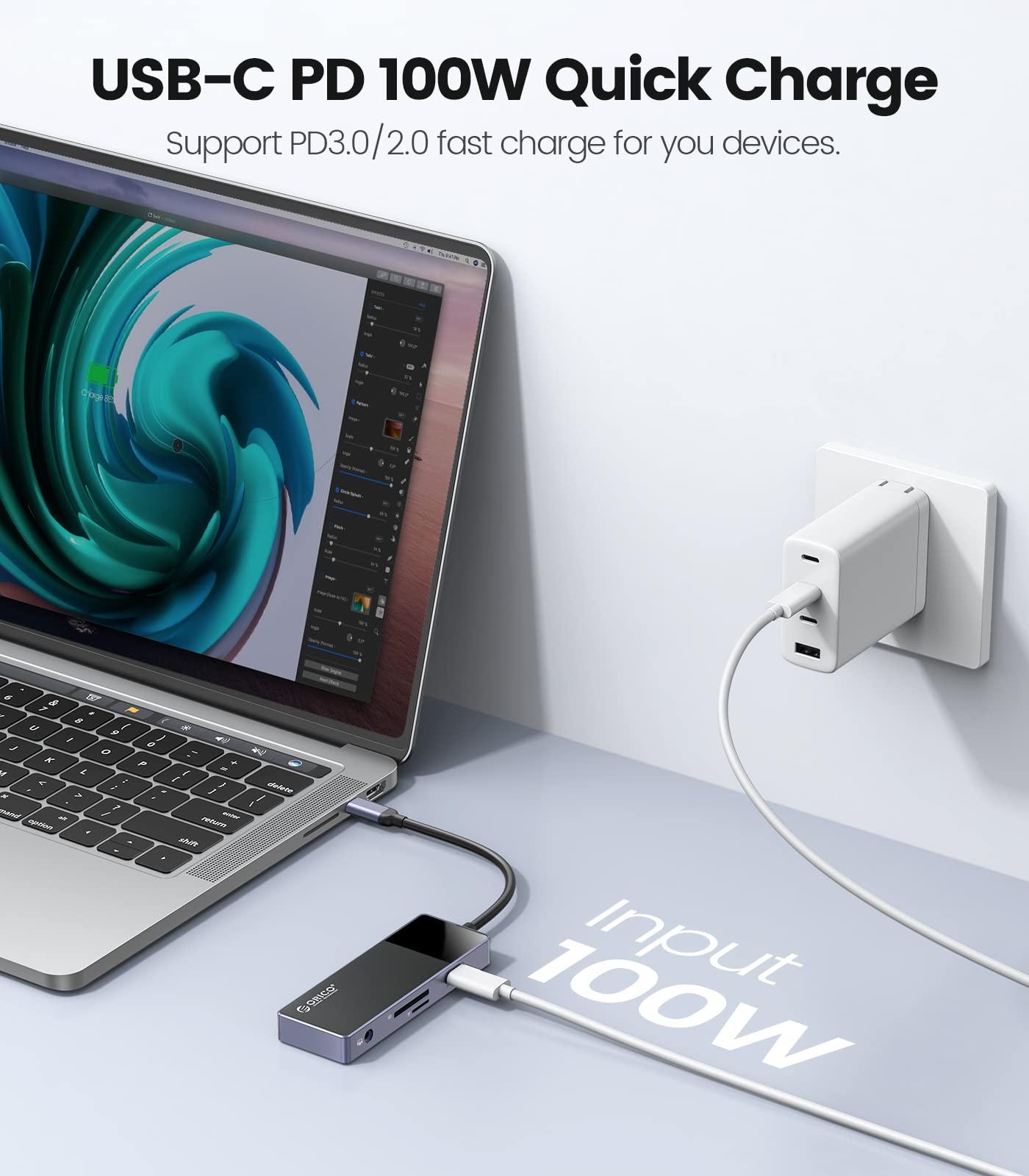 ORICO USB C Hub, ORICO 8 in 1 MacBook Docking Station Multiport Adapter with PD 100WHDMI 4K@30HzUSB-A3.03, SD/TF13.5mm Audio1 Compatible for Dell/Surface/HP/Lenovo Laptops
