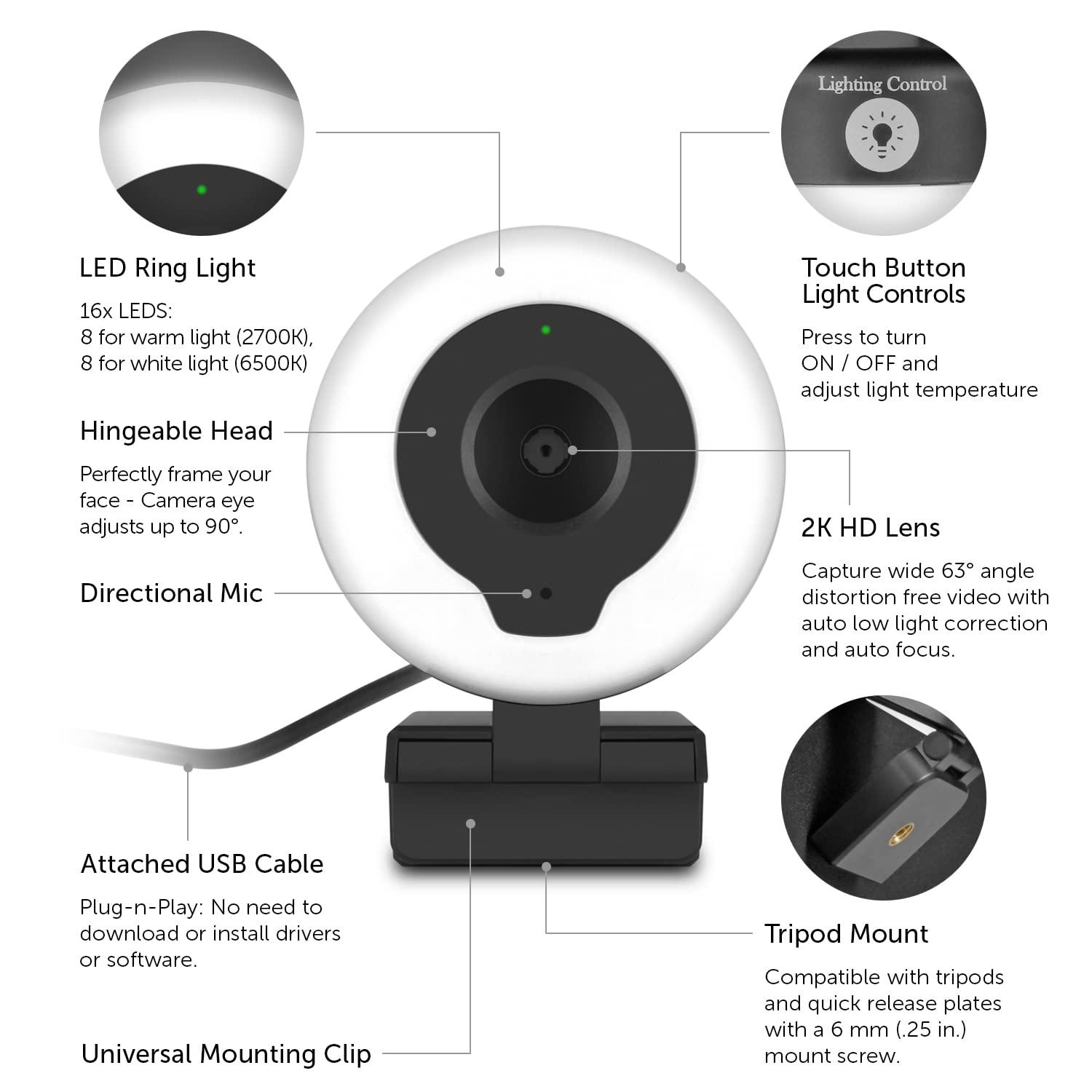 Aluratek Aluratek 2K HD Ring Light Webcam with Auto Focus w/Tripod