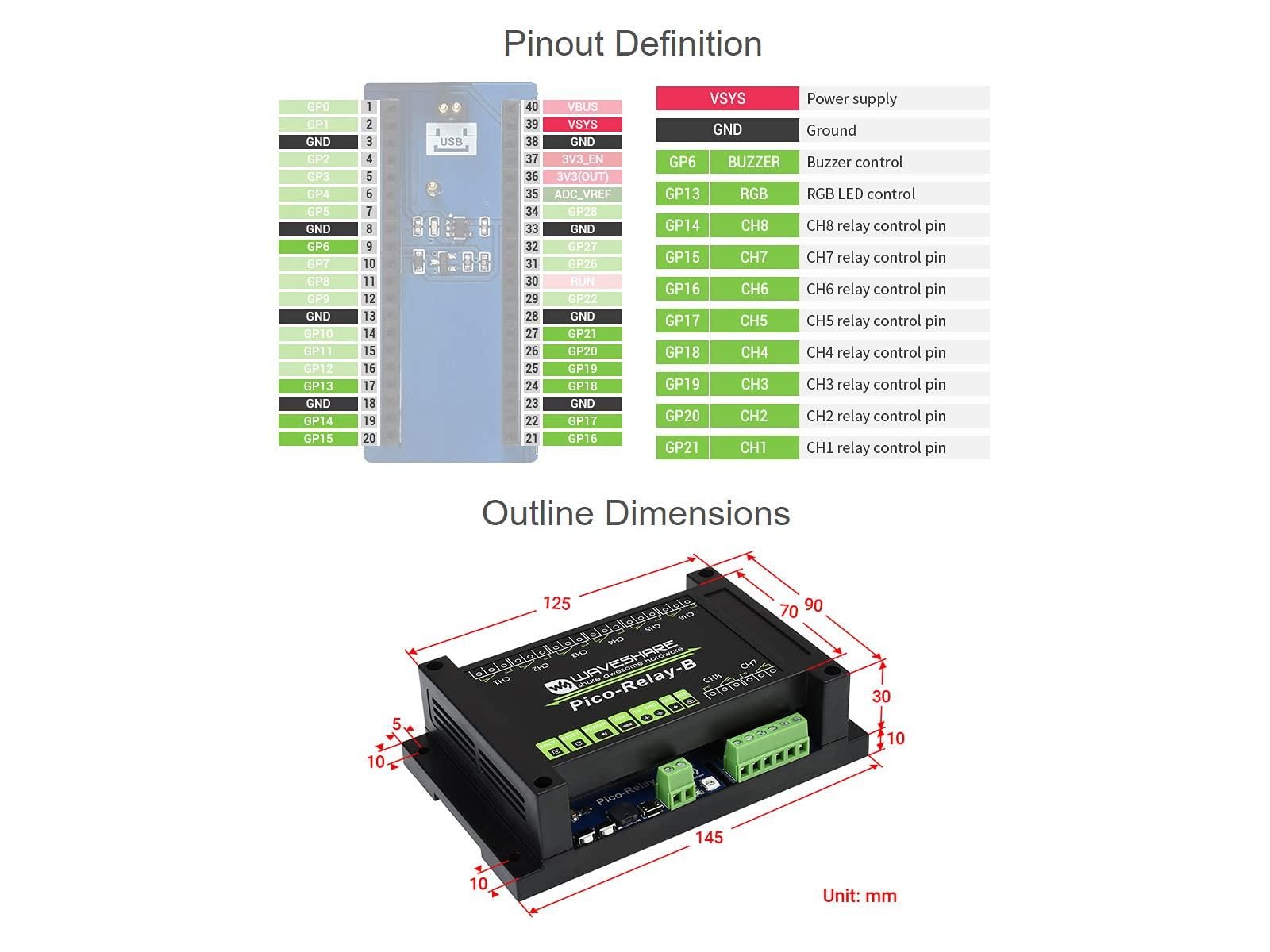 waveshare Waveshare Industrial 8-Channel Relay Module for Raspberry Pi Pico Power Supply Isolation Photocoupler Isolation