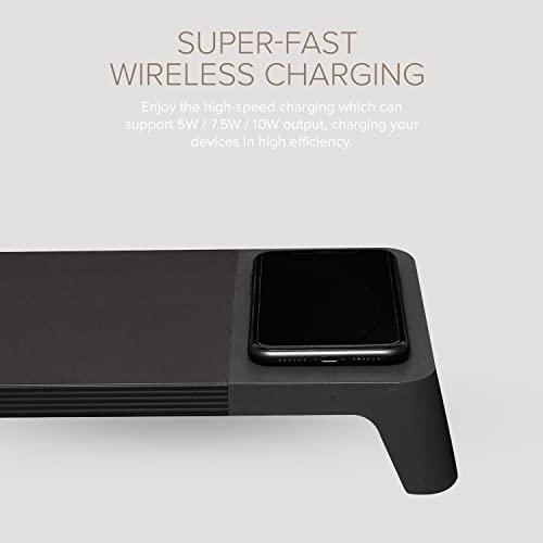 POUT POUT E8 Wood Desk Monitor Computer Stand Riser Shelf + USB HUB + Qi Fast Wireless Charging Charger Pad Mat for Laptop, Apple, iMac, PC, iPhone, Samsung Galaxy, Airpod 2, Buds (Black)