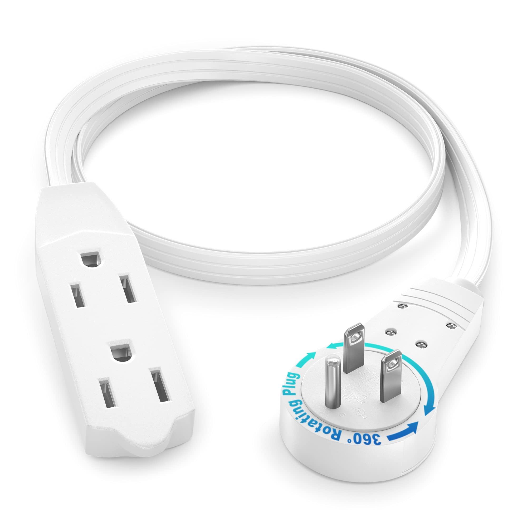 Maximm Maximm Cable 1 Ft 360 Rotating Flat Plug Extension Cord/Wire, 16 AWG Multi 3 Outlet Extension Wire, 3 Prong Grounded Wire - White - UL Certified