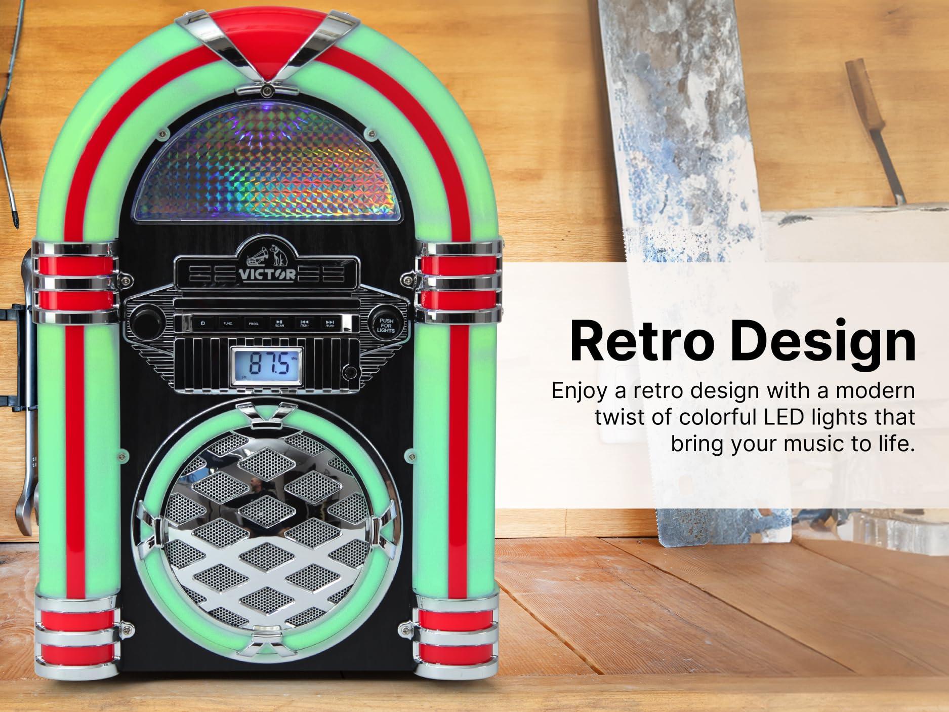 VICTOR VICTOR Wilshire Desktop Bluetooth Jukebox with FM Radio, Built-in Stereo Speaker and Multicolor LED Lighting, Mahogany (VDTJ-1450-MH)