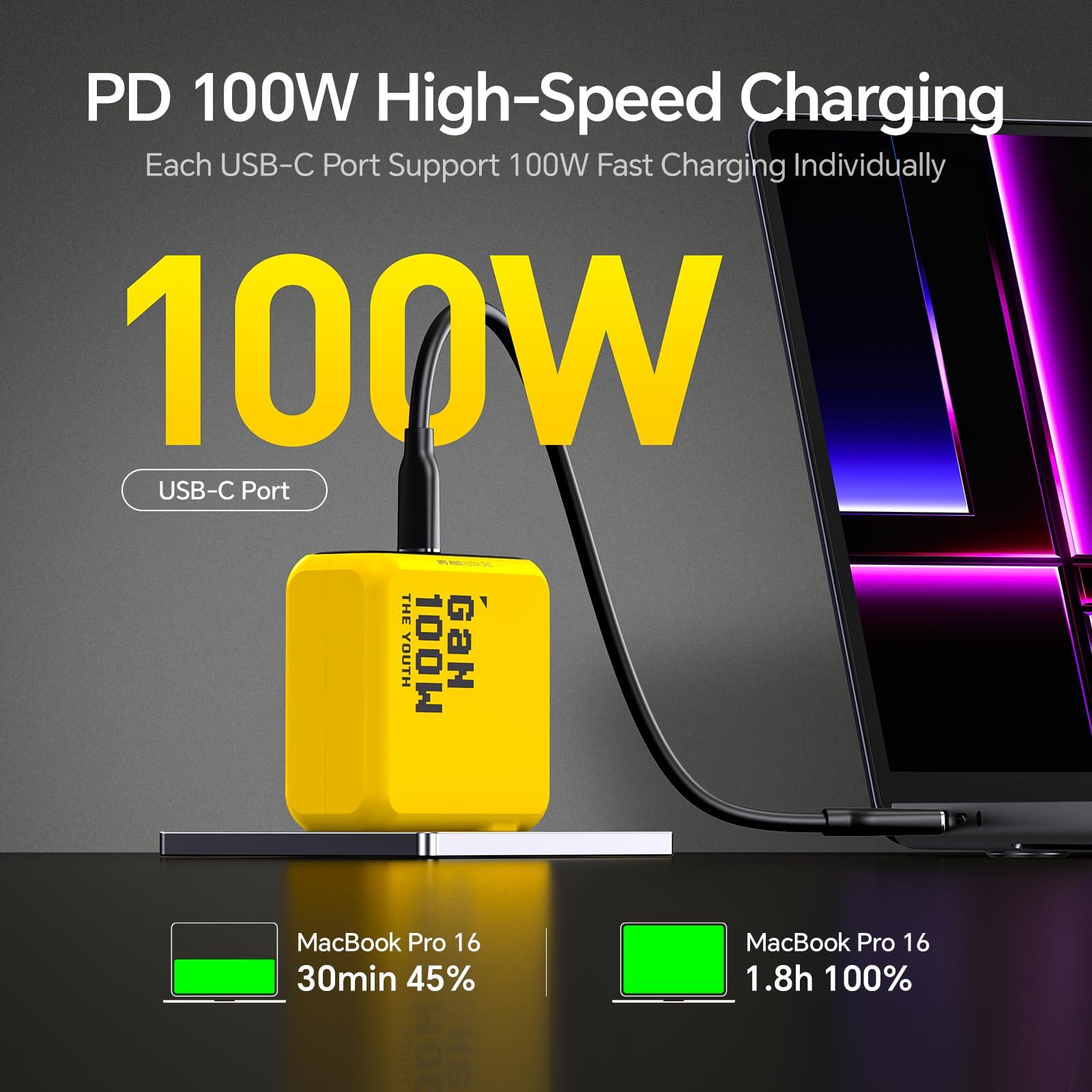 AOHI AOHI Youth 100W Gan+ USB C Wall Charger, 3-Port Laptop Fast Charger Type C Power Adapter PPS PD for MacBook Pro/Air, iPad Pro, iPhone 16/15 Pro Max, Galaxy S24 Ultra/Note, Pixel, Steam Deck, Yellow