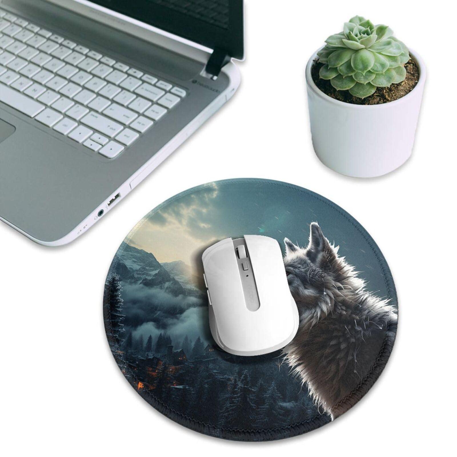YoupO Mouse Pad, Wolf at Night Printed Round Mouse Mat with Non-Slip Rubber Base,Stitched Edge Mousepad for Office Home Gaming Work Study