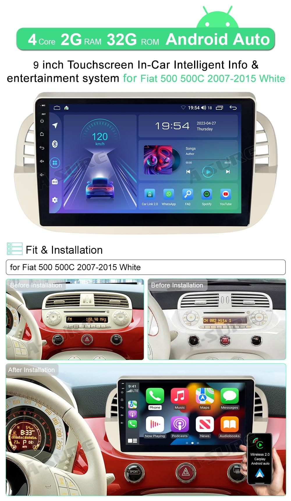 ASURE ASURE 9 inch Car Stereo Radio Upgrade for Fiat 500 500C 2007-2015 White,8Core 4G+64G Android System Car in-Dash GPS Navigation Unit with Carplay Android Auto,1280x720 Touchscreen Multimedia Player