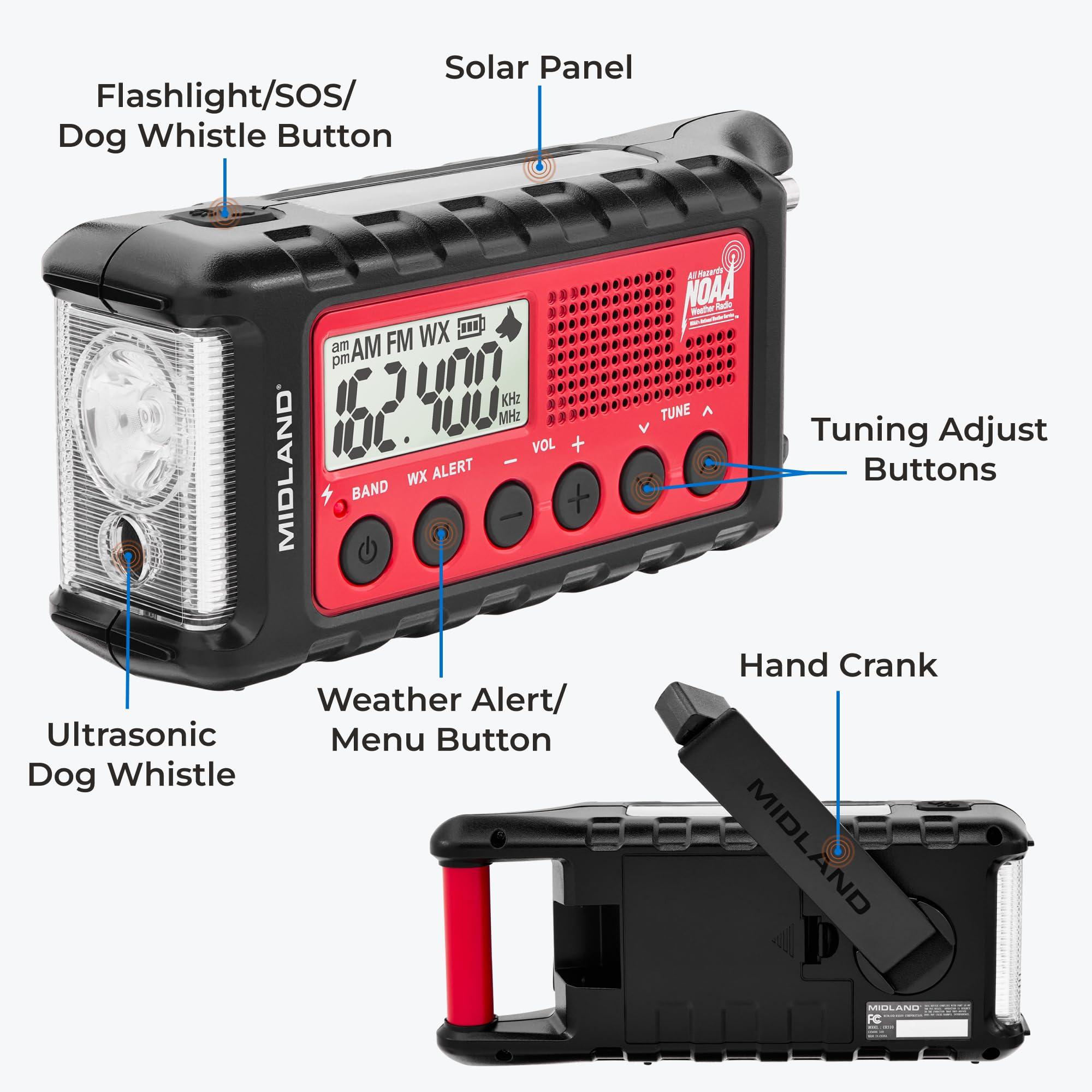 Midland Midland - ER310, Emergency Crank Weather AM/FM Radio - Multiple Power Sources, SOS Emergency Flashlight, Ultrasonic Dog Whistle, & NOAA Weather Scan + Alert (Red/Black)