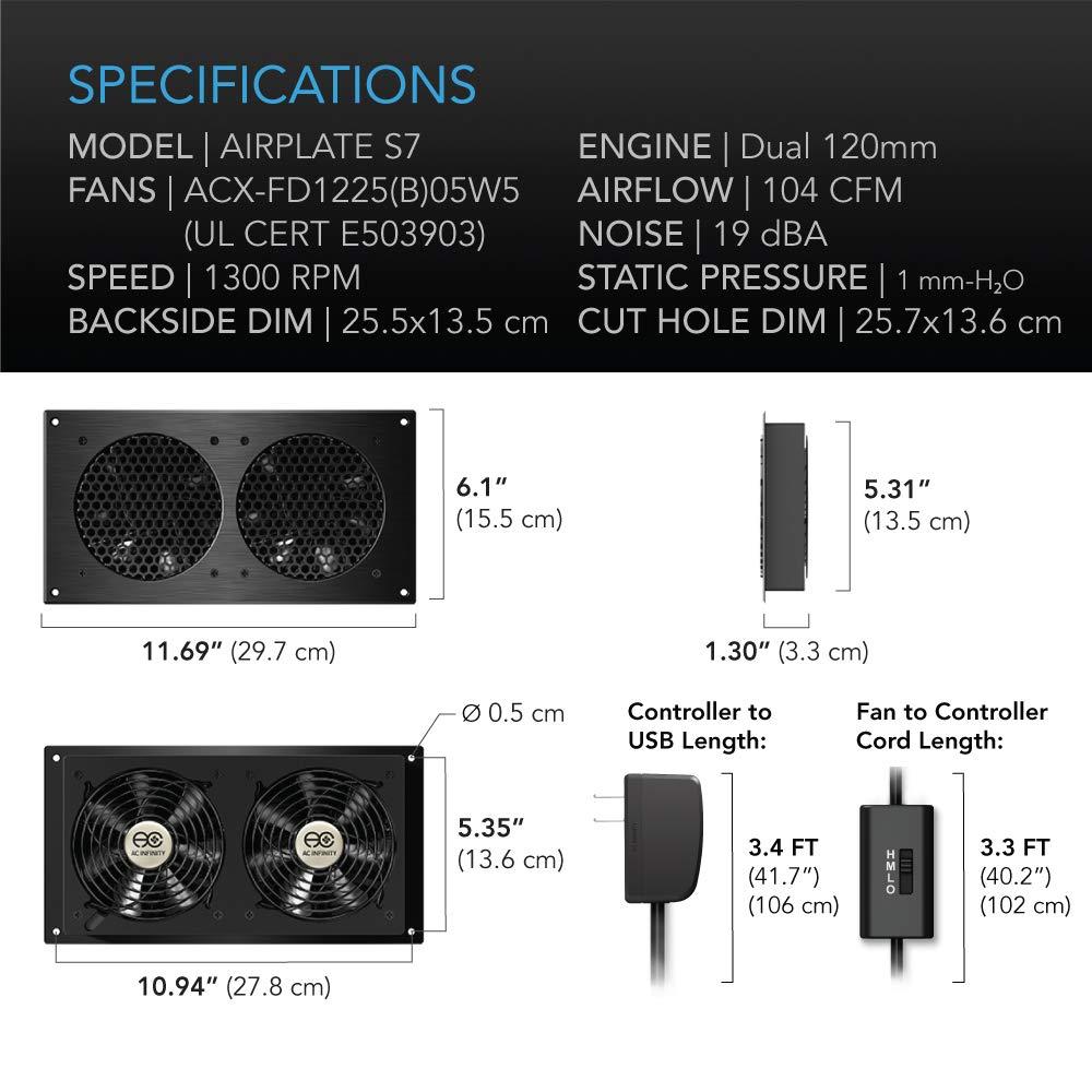 AC Infinity AC Infinity AIRPLATE S7, Quiet Cooling Fan System 12" with Speed Control, for Home Theater AV Cabinets