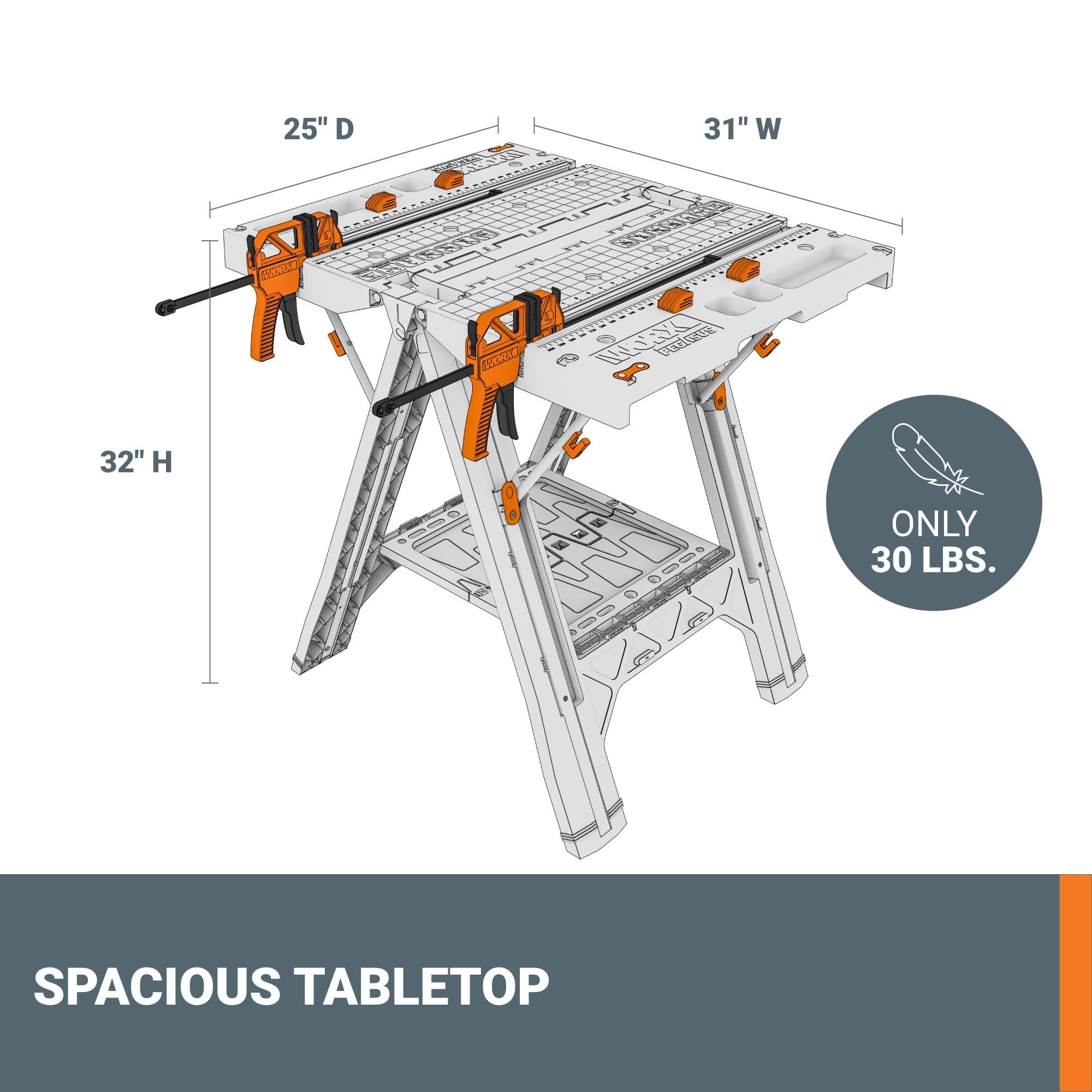 WORX Worx Pegasus 2-in-1 Folding Work Table & Sawhorse, Easy Setup Portable Workbench, 31\" W x 25\" D x 32\" H Lightweight Worktable with Heavy-Duty Load Capacity, WX051 - Includes 2 Clamps & 4 Clamp Dogs