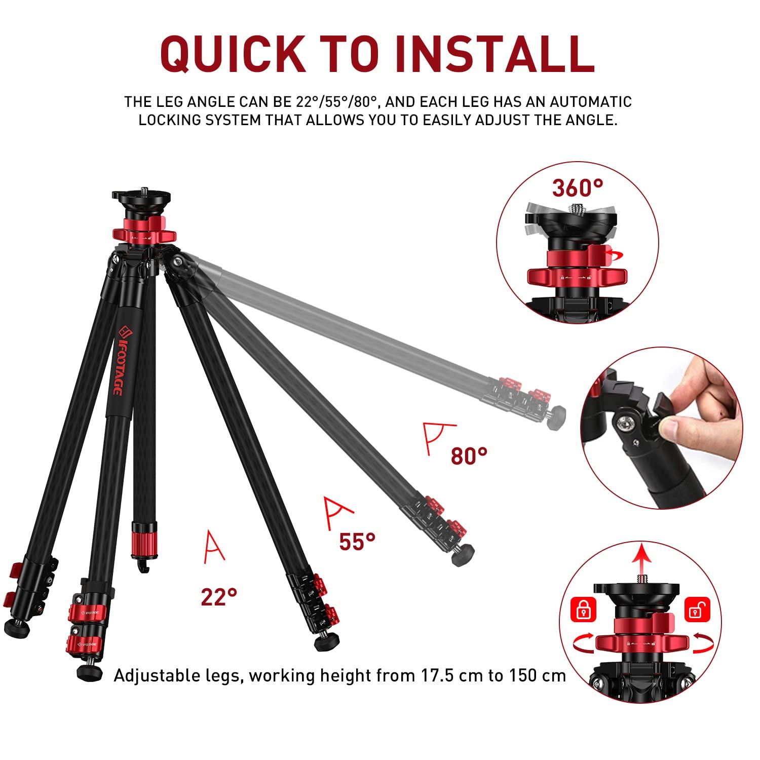 IFOOTAGE IFOOTAGE TC6S Carbon Camera Tripod, Professional Video Tripod 3 Sections with Centre Pole,360 Rotate Ball HeadCompatible with DSLR Camcorder