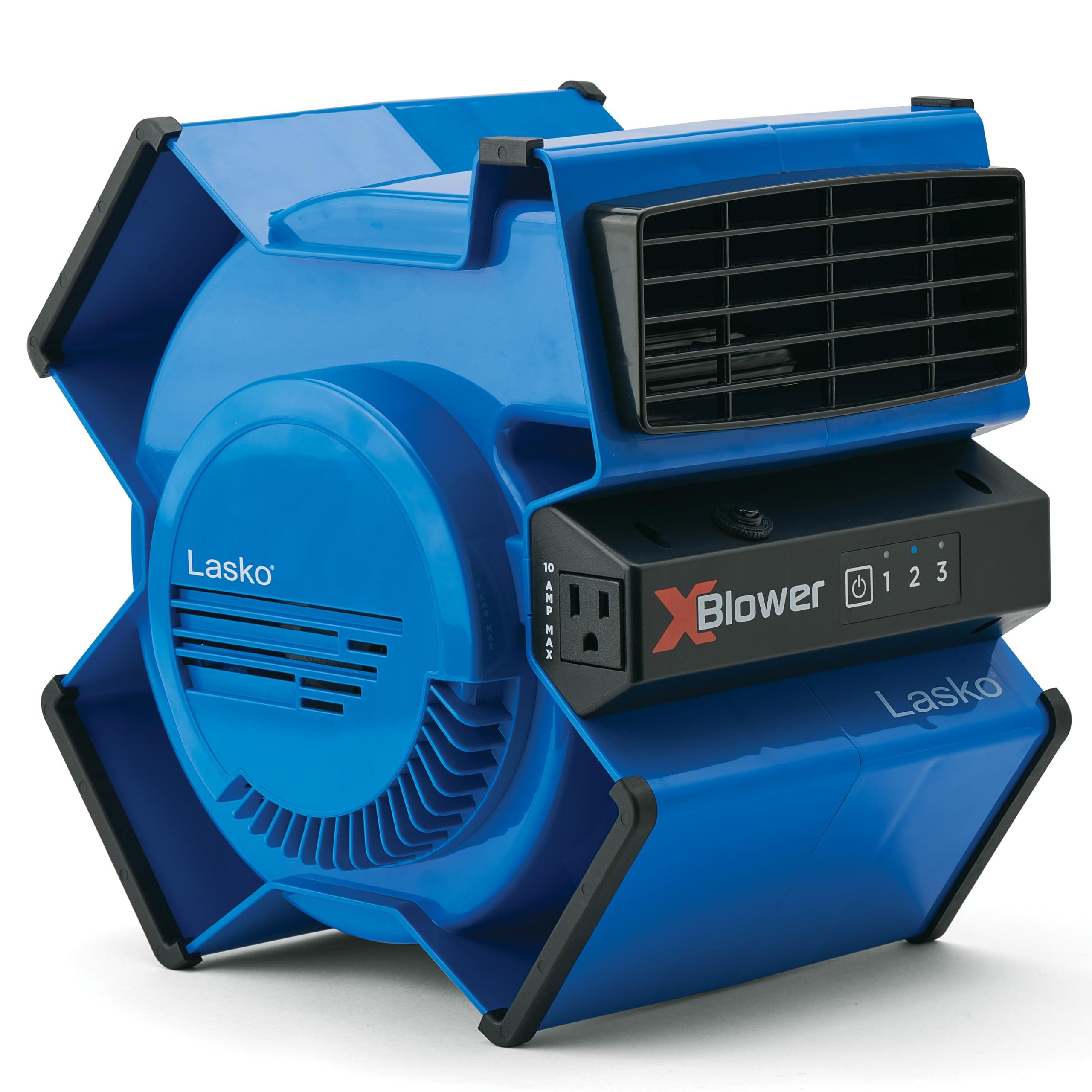 Lasko Lasko X-Blower High Velocity Pivoting Utility Blower Fan for Cooling, Ventilating, Exhausting, and Drying, 6 Position 3-Speed Floor Fan with AC Outlet, Circuit Breaker, USB Port, 11x9x12, Blue, X12905