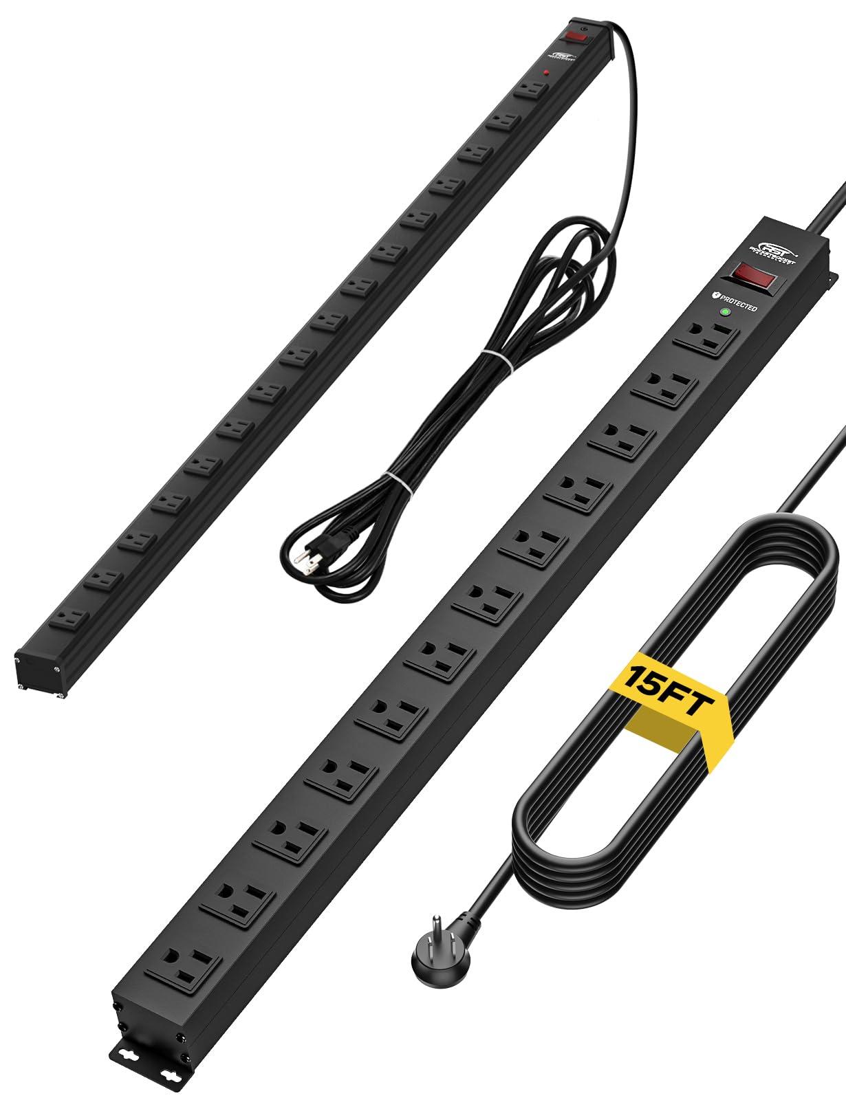 CRST CRST Heavy Duty Power Strip 16-Outlet & 12-Outelet Metal Power Strip with Surge Protector,Wide Spaced 15Ft Long Cord.