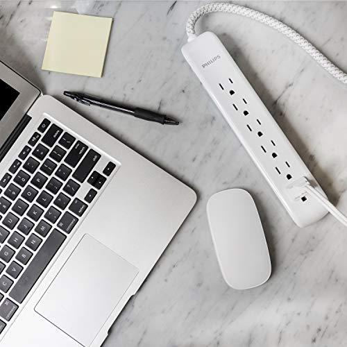 PHILIPS Philips 6-Outlet Surge Protector Power Strip, Designer Braided Power Cord, 10 Ft Power Cord, Flat Plug Extension Cord, Perfect for Office or Home Décor, 1080 Joules, ETL Listed, White, SPC3064WG/37