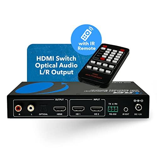 OREI OREI 4K HDMI Multi Viewer 2 in 1 Out Switcher 2 Ports Seamless IR Remote Support 4K @ 60Hz 1080P for PS4/PC/DVD/Security Camera HDMI Switch Optical Audio L/R Output - (UHD-201MV)