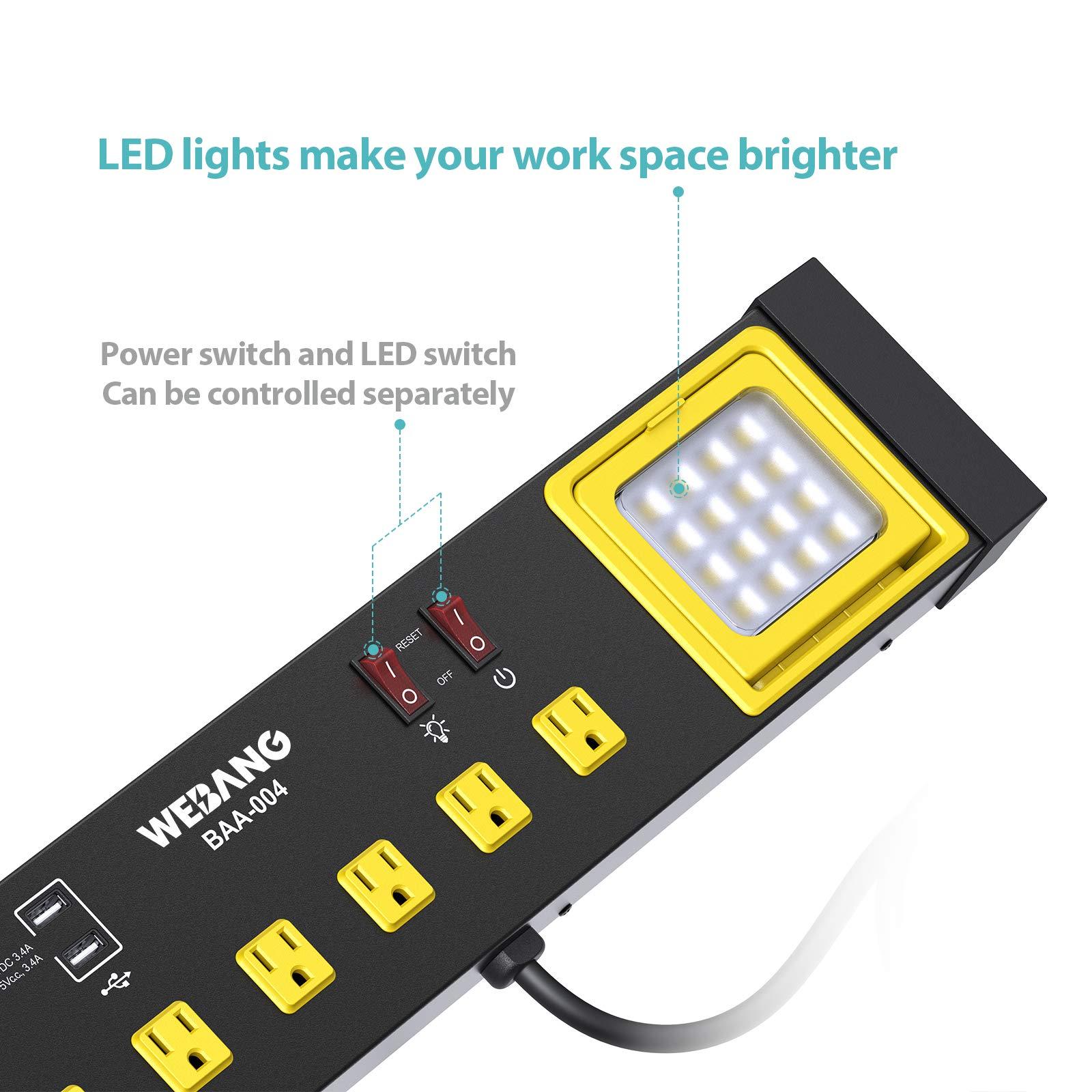 WEBANG WEBANG Heavy Duty Metal Power Strip Surge Protector with 8 Outlets,2 USB Ports, Led Worklight, 15A Circuit Breaker, Wall Mount, UL Listed for Workshop/Garage/Countertop