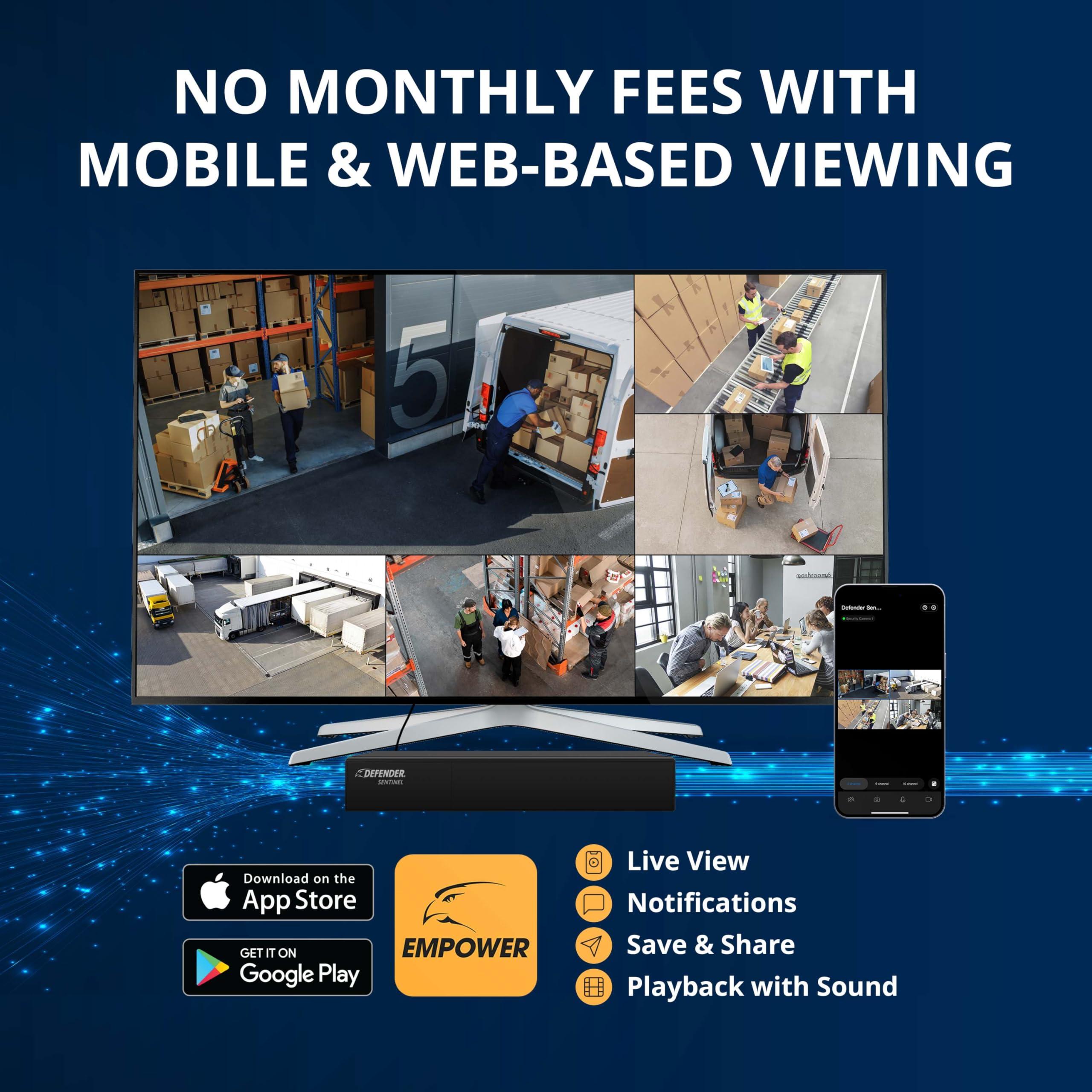 Defender Defender AI Powered Sentinel 4K Wired PoE Security Camera System with 1TB 8Ch NVR, 6 Outdoor Surveillance Metal 8MP/4K Cameras, Smart AI Human Detection, Blue-Red Flashing Deterrence, Mobile App