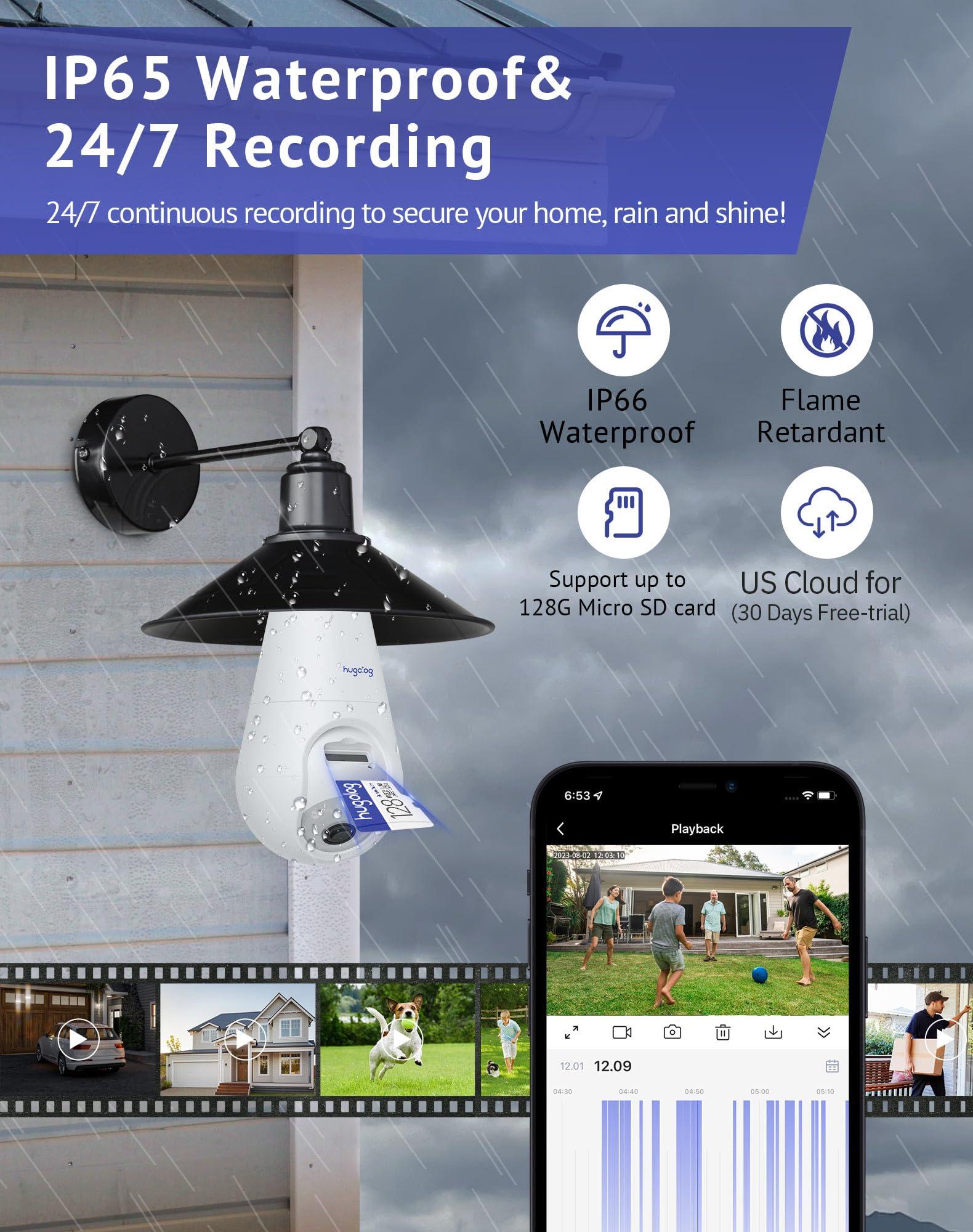 Hugolog Hugolog 2K Light Bulb Security Cameras Wireless Outdoor-2.4GHz Cameras for Home Security Indoor with AI Motion Detection,Clear Color Night Vision,360Auto Tracking,Siren Alarm,24/7 Recording