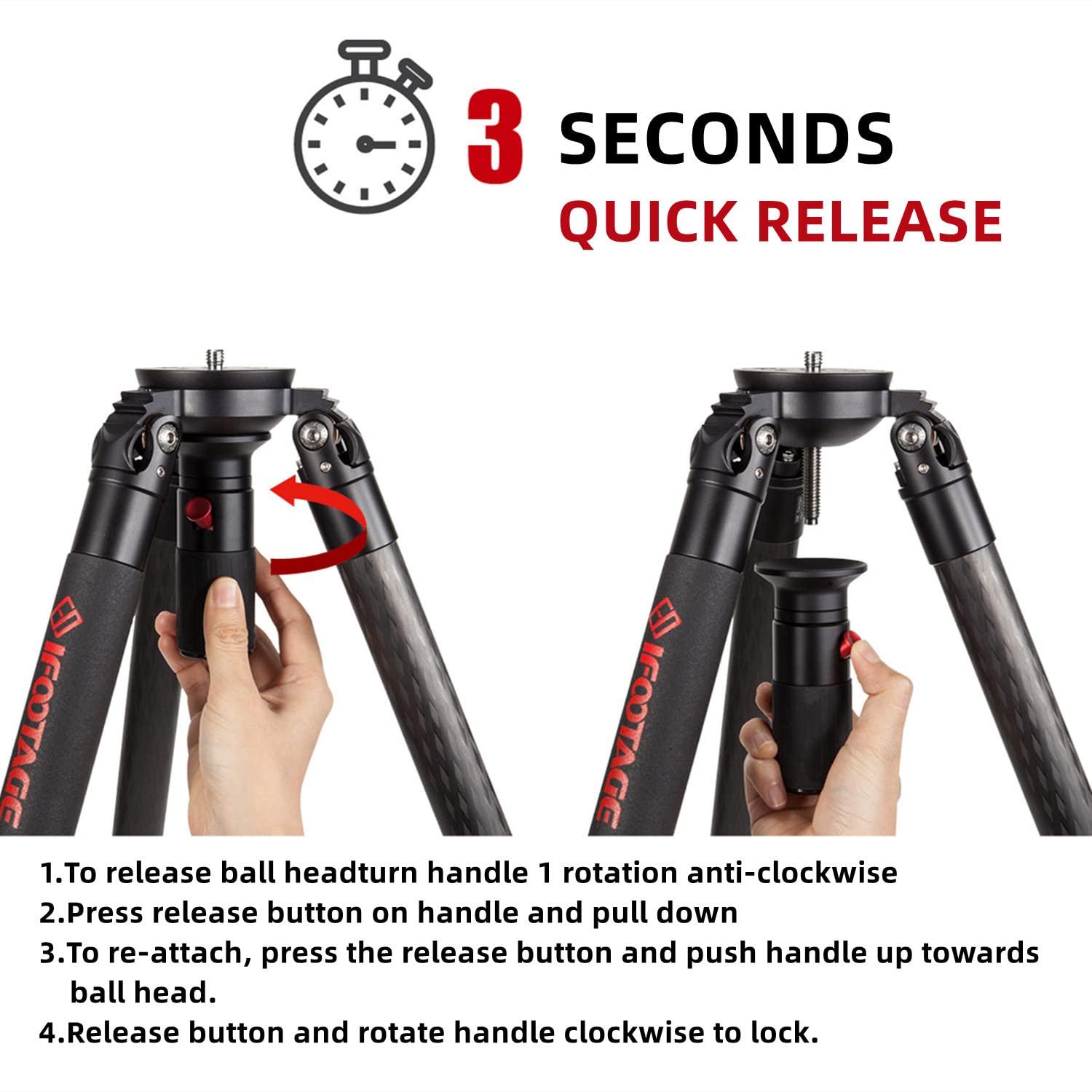 IFOOTAGE IFOOTAGE Gazelle TC7 Carbon Camera Tripod, 61" Professional Video Tripod 3 Sections with Quick Release Handle,Compatible with DSLR Camcorder