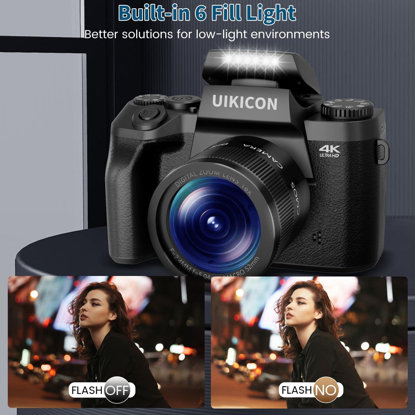 UIKICON UIKICON Digital Camera for Photography 4K Vlogging Camera 64MP Mirrorless Camera with WiFi, Dual Camera, 52mm Fixed Lens, 4.0\" Touch Screen, 32GB SD Card & Camera Bag(W05-Black2)