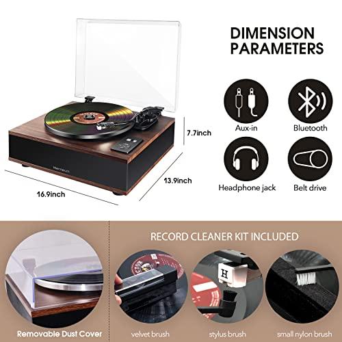 Herneum Record Player Bluetooth, Vintage Turntable with 2 Stereo Speakers Built-in Bluetooth Input Output for Double-Speed Vinyl Record Belt-Drive Manual Turntable Portable Record Player