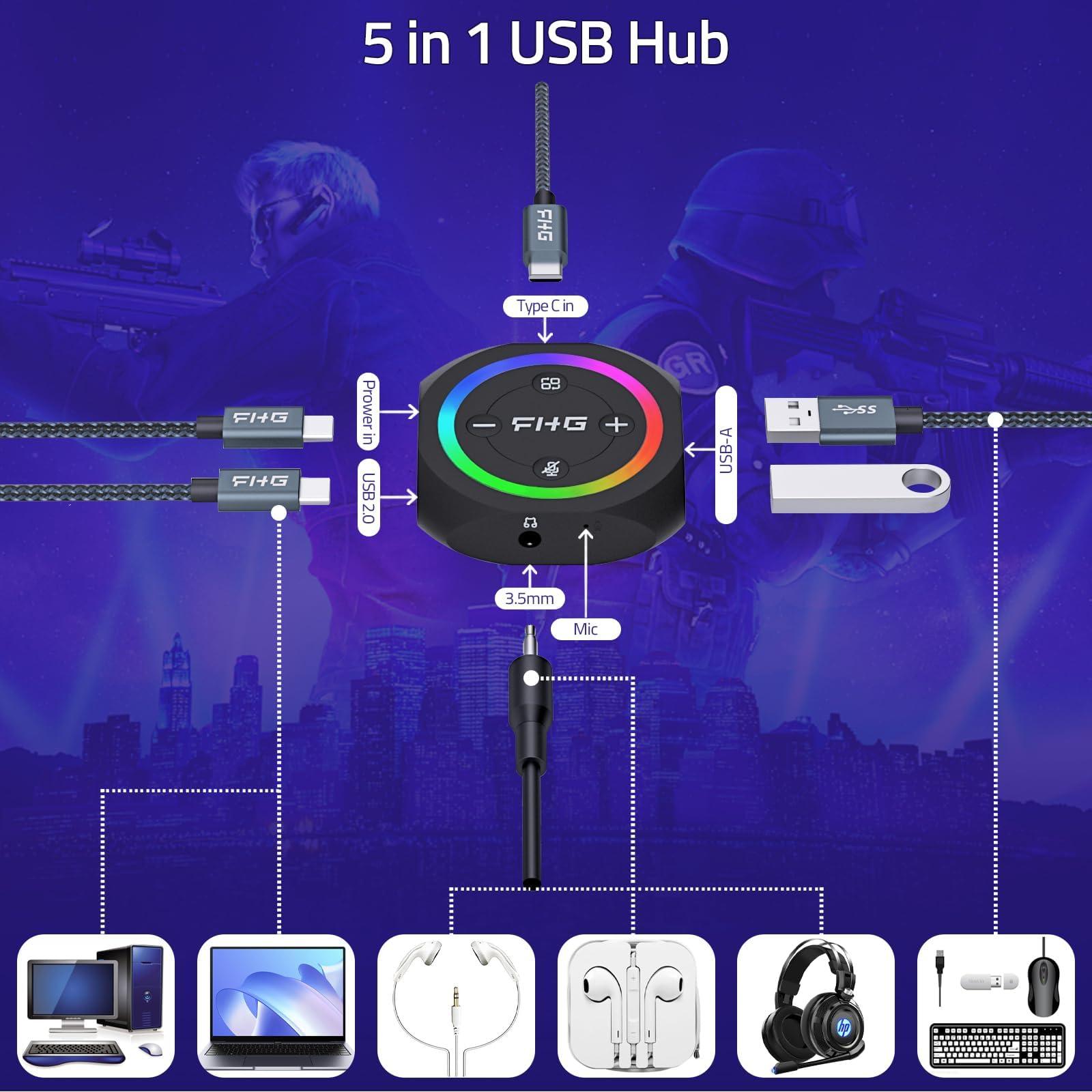FHG FHG DAC, External USB Sound Card Gaming DAC with 7.1 Virtual Surround Sound for Gaming Headset/PS4/PS5/Xbox One, 5 in 1 Hub, Supports AI Noise Cancellation w/Mic