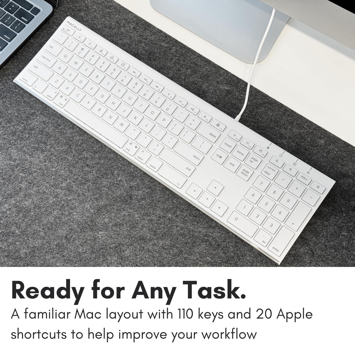 Macally Macally Slim USB Wired Keyboard for Mac and Windows - Simple and Sophisticated - USB Apple Keyboard with Numeric Keypad for Mac Mini / Pro, Macbook, iMac with 110 Scissor Switch Keys and 20 Shortcuts