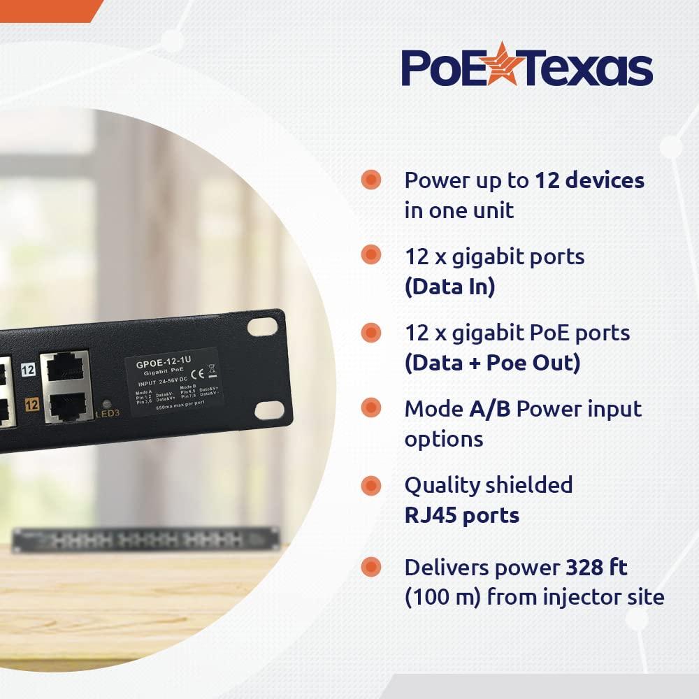 PoE Texas PoE Texas - PoE Injector - 12 Port Gigabit Passive Midspan Injector with 48V 120 Watt UL Power Supply - Power Over Ethernet for 802.3af or at (PoE+) Devices VoIP Phone, WiFi Access Point, IP Camera