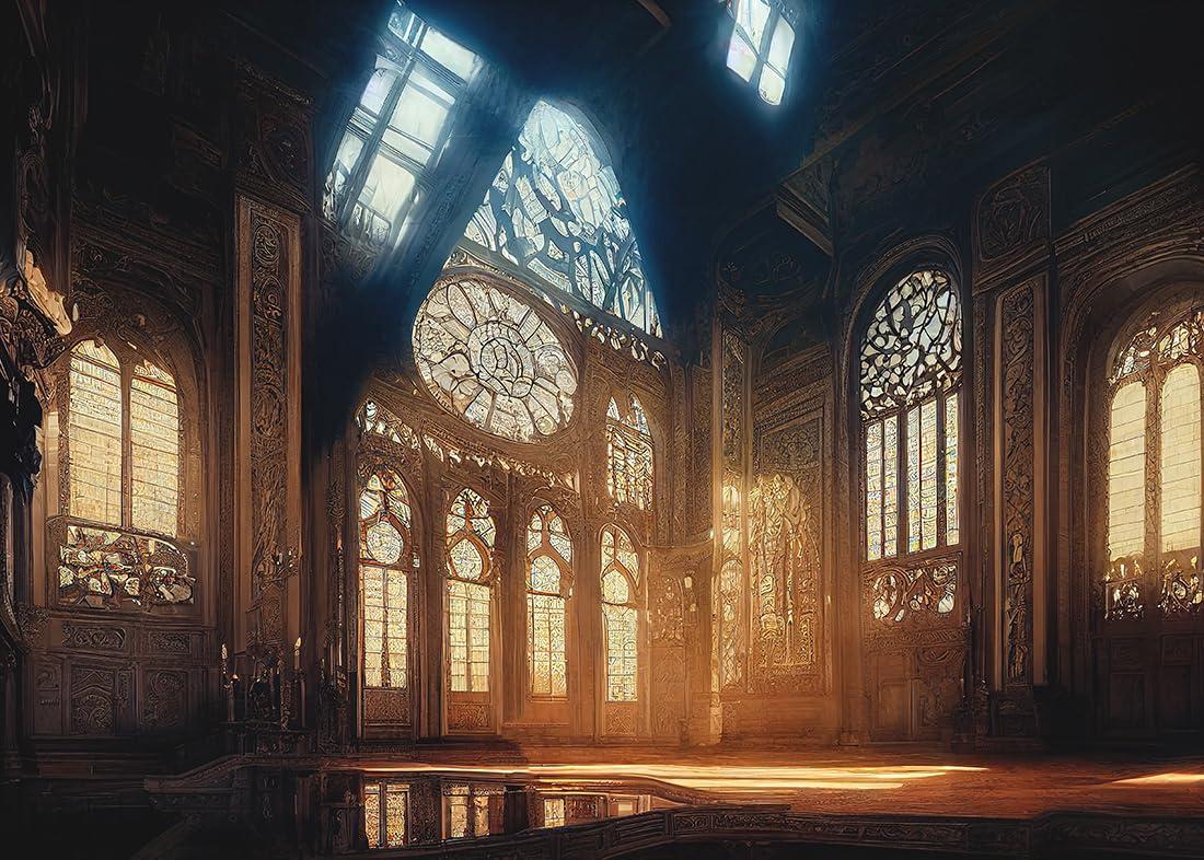 Loccor Loccor 7x5ft Fabric Gothic Castle Interior Backdrop for Photography Medieval Castle Architecture Retro Arch Glass Windows Background for Gothic Wedding Party Decor Artistic Photo Studio Props