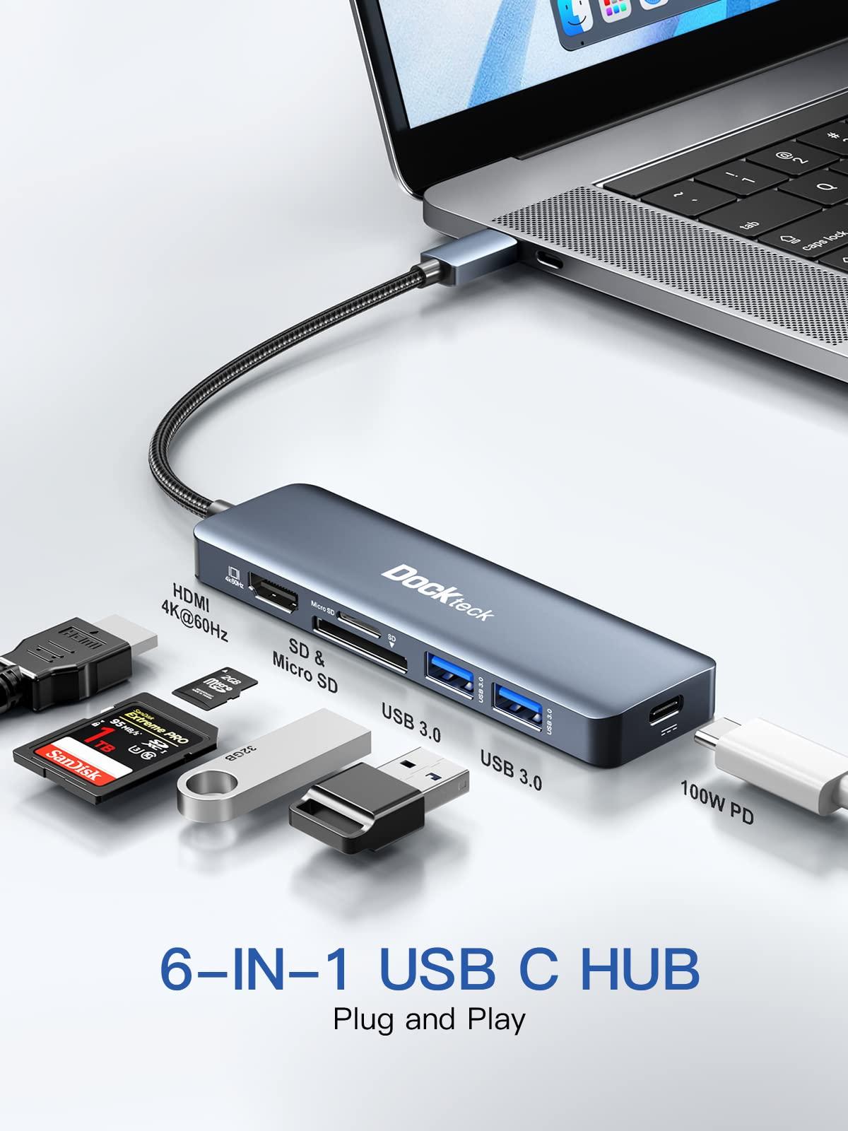 dockteck USB C Hub Multiport Adapter - Dockteck 6 in 1 USB C Dock with 100W PD, 4K 60Hz HDMI, USB 3.0, SD/TF Card Reader, USBC Hub for MacBook Pro Air Microsoft Surface Pro