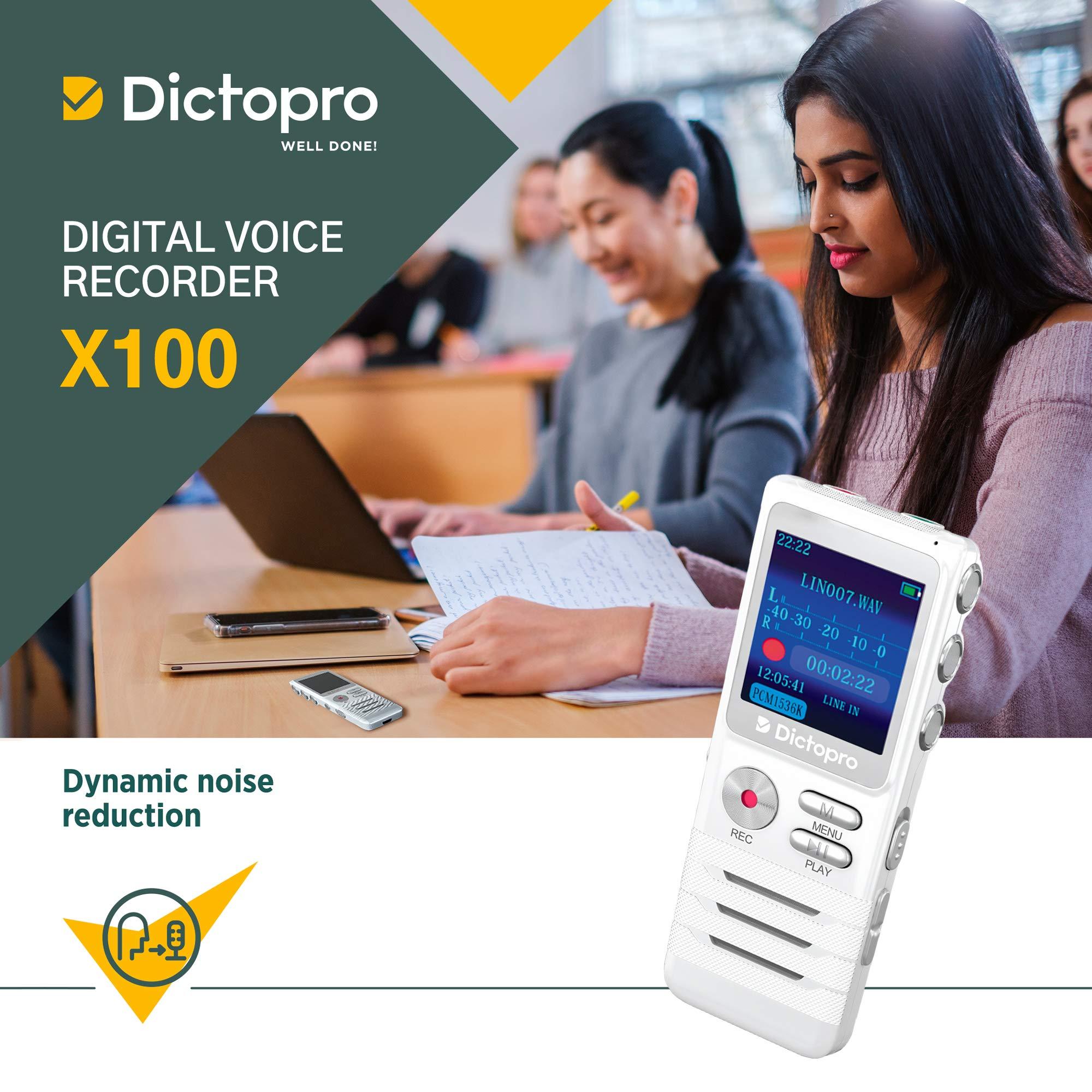 Dictopro Digital Voice Activated Recorder by Dictopro- Easy HD Recording of Lectures and Meetings with Double Microphone, Noise Reduction Audio, Sound, Portable Mini Tape Dictaphone, MP3, USB, 8GB