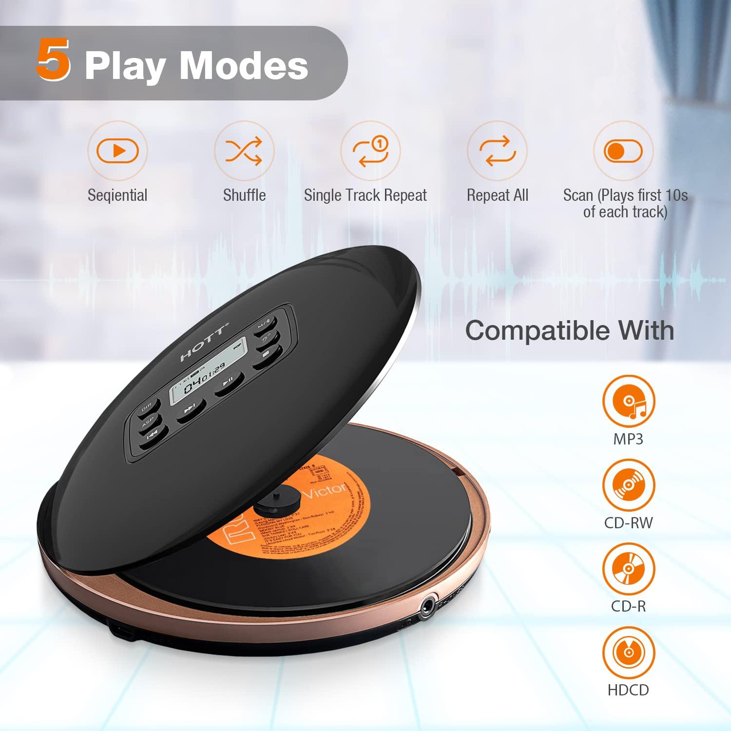 HOTT HOTT CD711T Bluetooth Rechargeable Portable CD Player for Home Travel and Car with Stereo Headphones and, Anti Shock Protection-Black