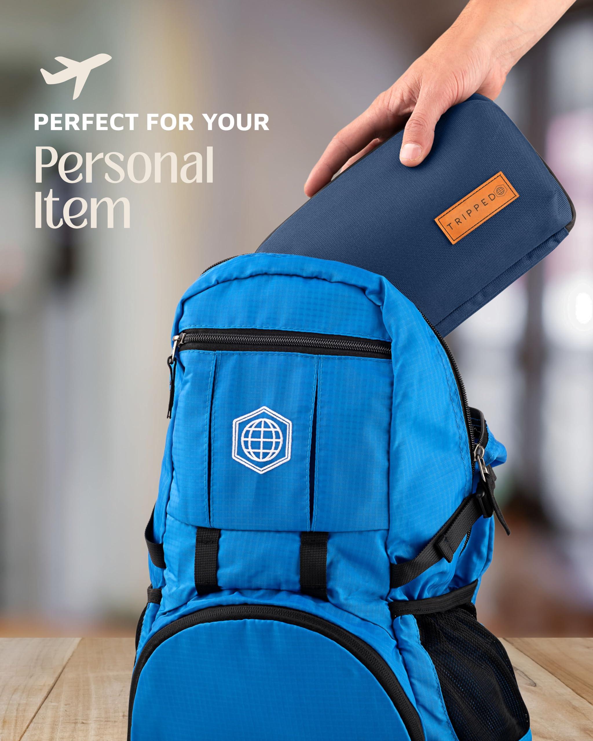 TRIPPED Travel Gear TRIPPED Travel Gear Tech Bag Organizer - Small Electronics Organizer Pouch for Travel - Premium Travel Case with Leather Accents - Mesh Pocket for Cables, Cords and Chargers (Navy)