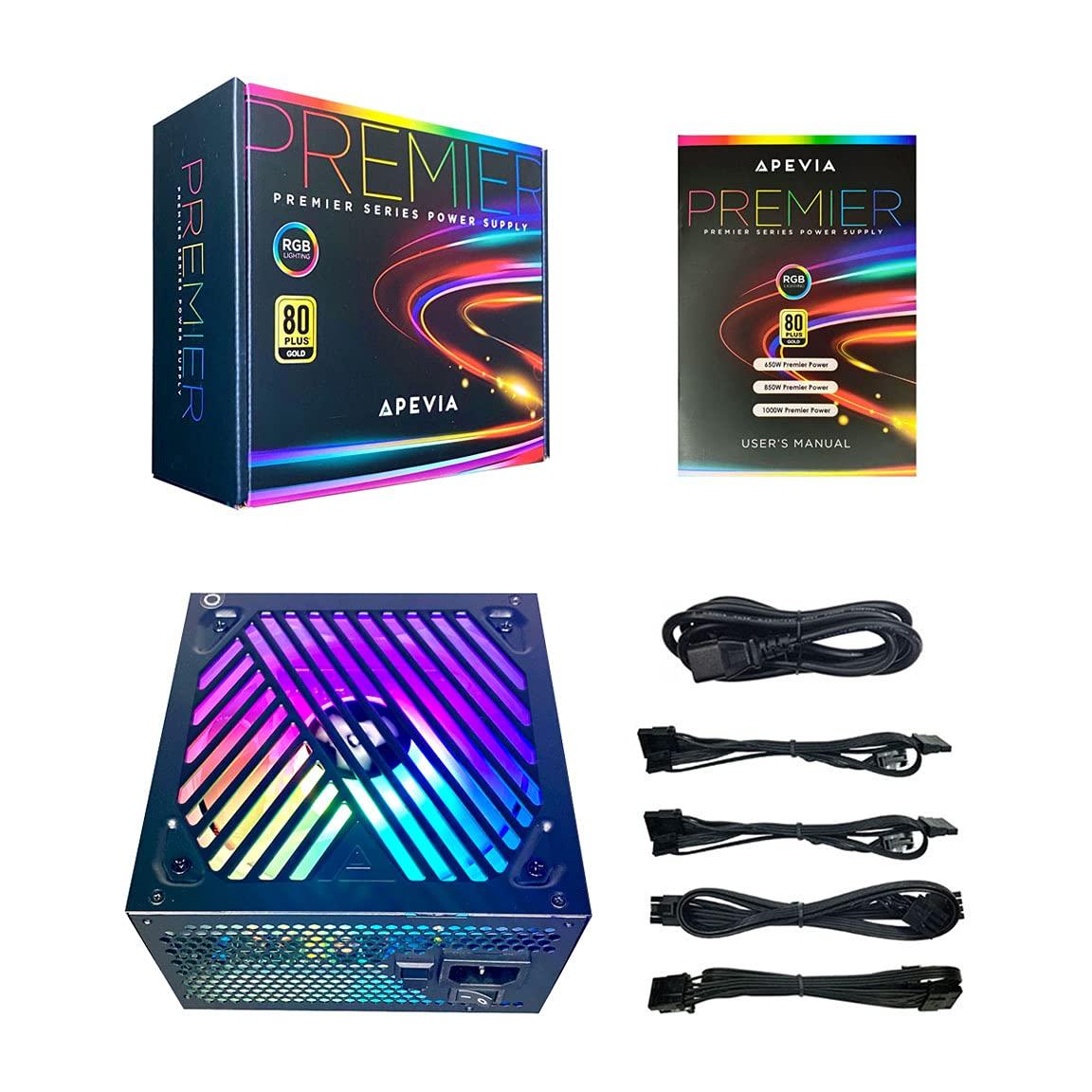 Apevia Apevia ATX-PM850W Premier 850W (No PCIe 5.0 & Gen 5 12VHPWR Connector) 80+ Gold Certified Active PFC ATX Semi-Modular Gaming Power Supply with 366 RGB Light Modes