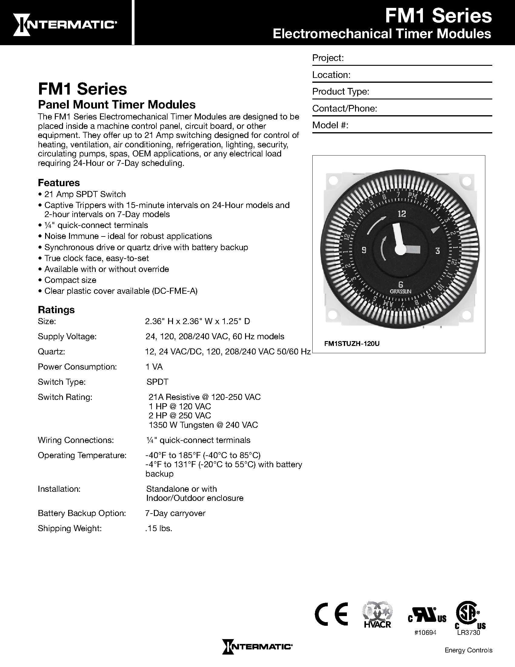 Intermatic Grasslin by Intermatic FM1STUZH-120U 24-Hour 21A, SPDT, 120V Electromechanical Timer Module with Manual Override Switch