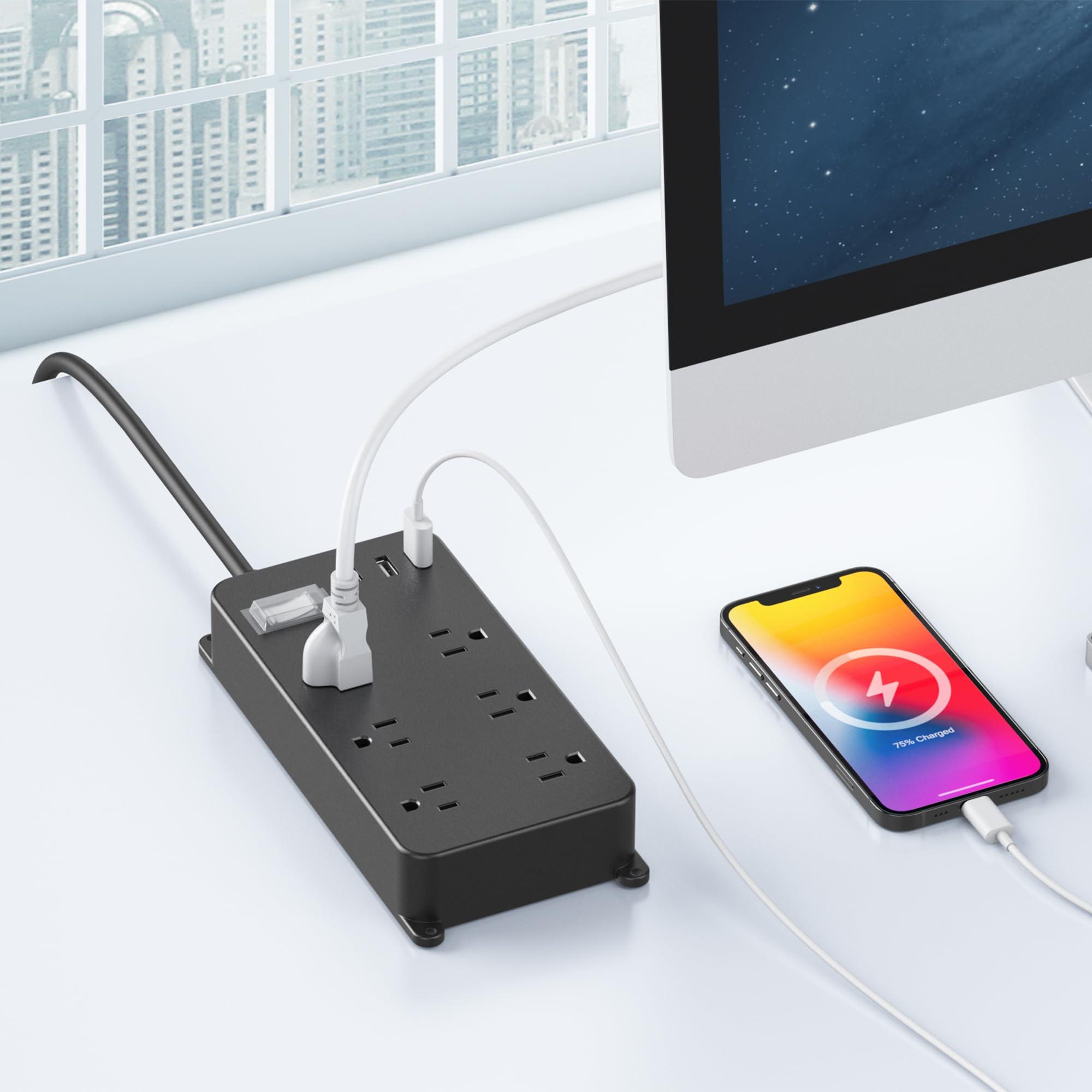 Jgstkcity Outdoor Power Strip Weatherproof with USB,Waterproof Surge Protector,3 USB Ports, 6 Outlets,Multi Plug Electrical Outlet for Camping,Garden,Home Office Patio Porch,etc,15FT Cord,Flat Plug