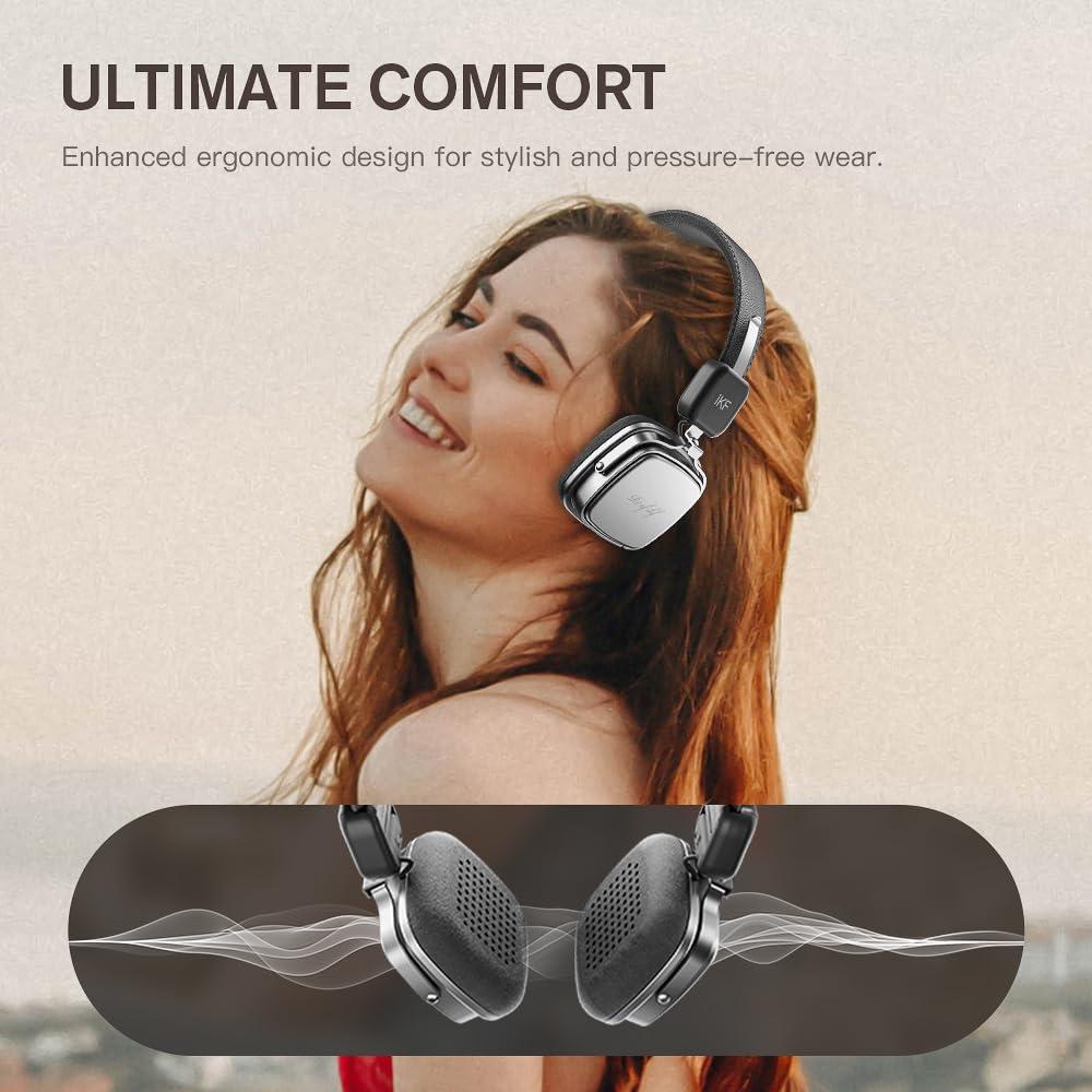 iKF iKF R2 Retro Classic Metal and Leather Grain Wireless Headphones, On Ear,Ergonomic Design,40mm Drivers, ENC Noise Cancelling, Bluetooth V5.4 & Wired Dual Mode, 60H Playtime,Throwback 80s 90s (Black)
