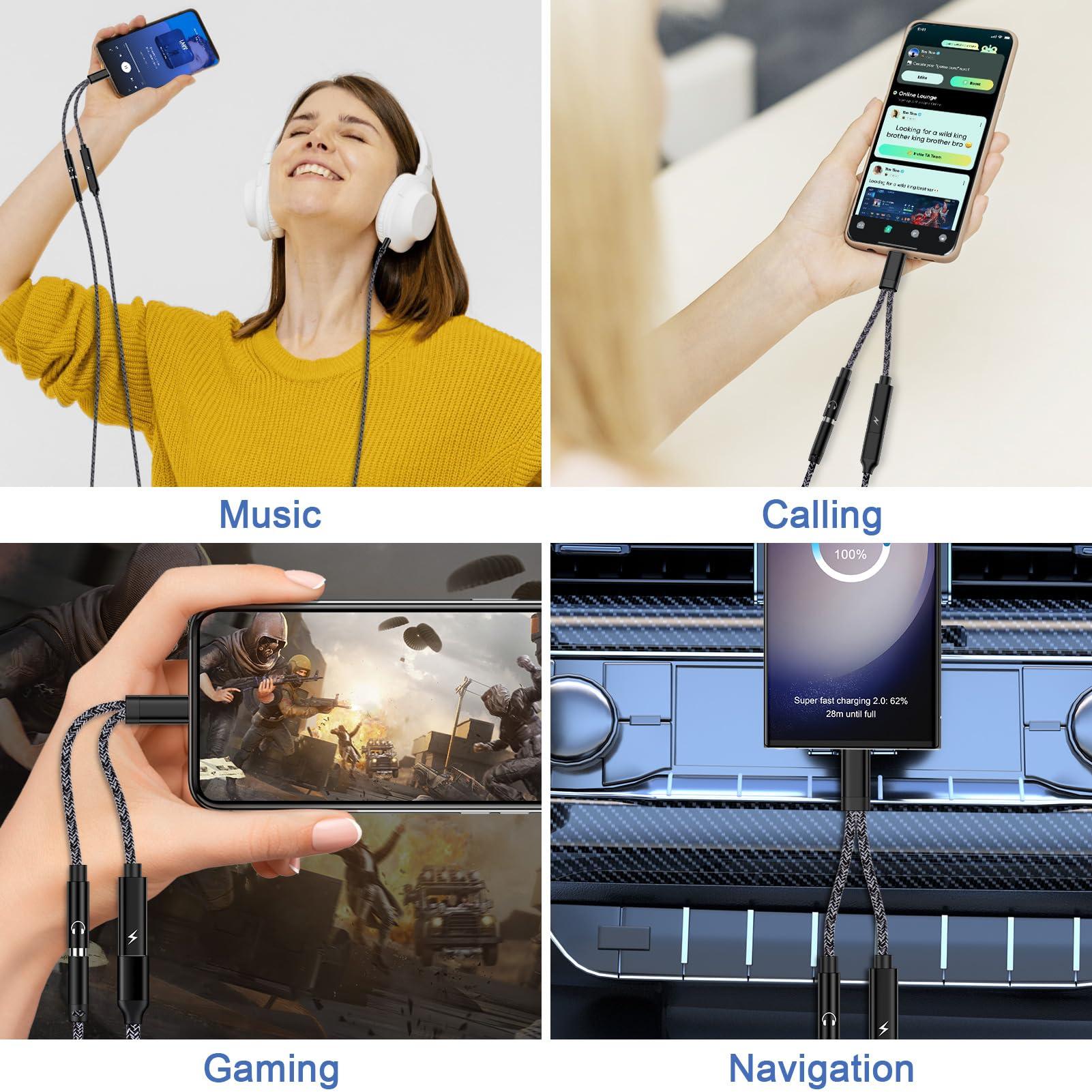 Flecom USB C to Aux Adapter Samsung S24FE/S24 Ultra Headphone Adapter Type C to 3.5mm Jack Audio Adapter with Fast Charging Cable Cord for Samsung Galaxy A16 A06 A55 A35 A15 S24 S23 Plus S23FE A54 A14 A13