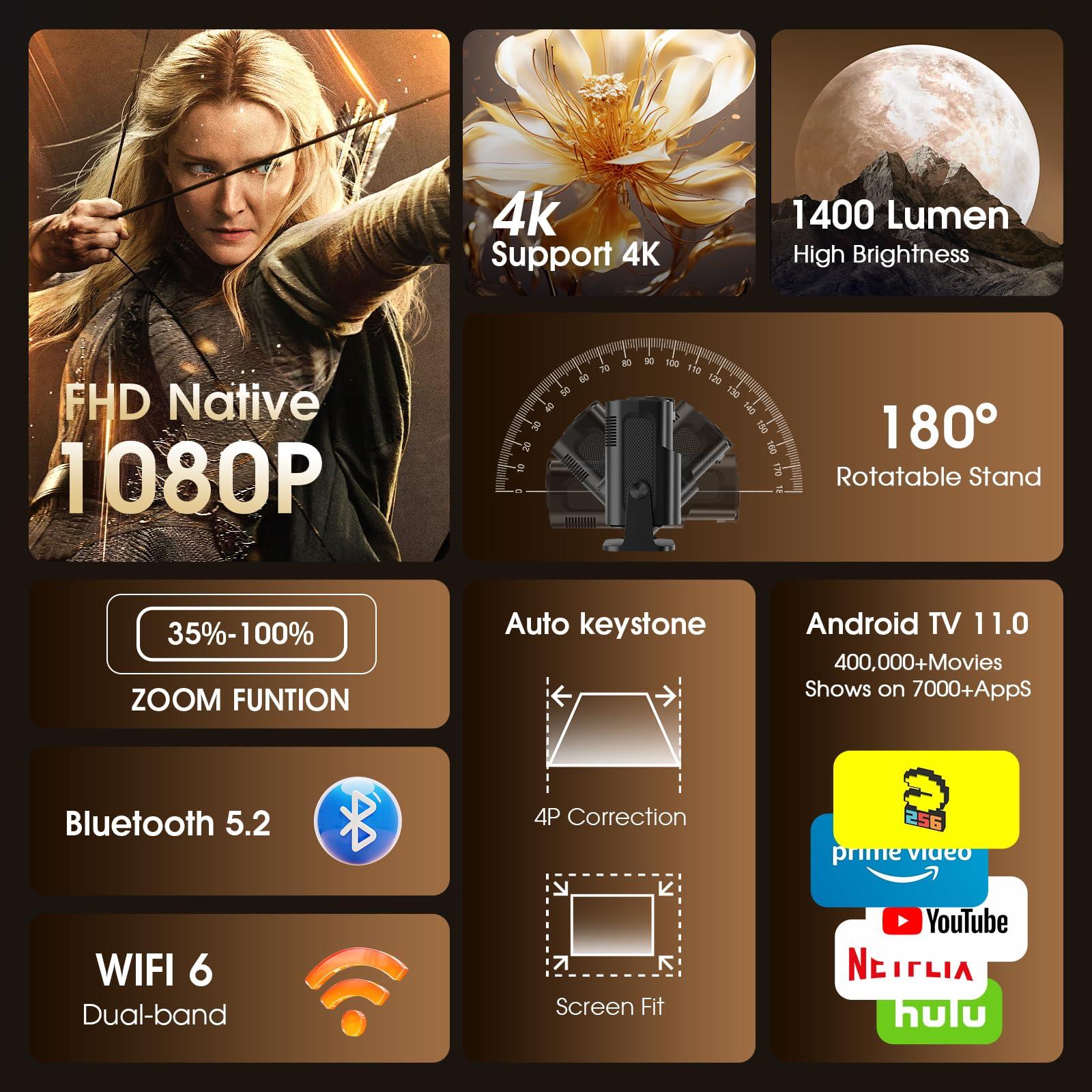 Gaimoo [Built-in App] Mini Projector 1920*1080P 4K Support Projector with Mouse Portable Projector with WiFi and Bluetooth 180 Adjustable Auto Keystone Compatible with TV Stick/Memory Stick/USB/Laptop