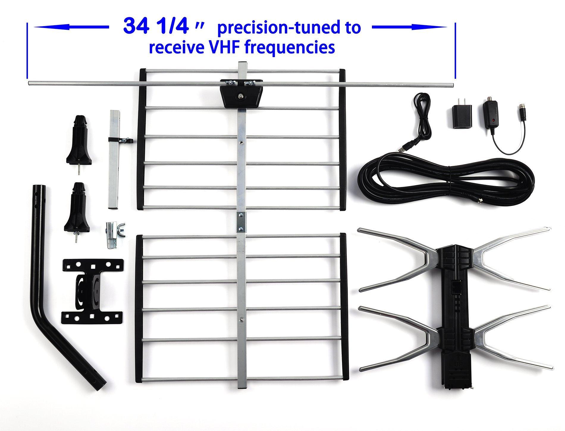 pingbingding PBD Outdoor Digital HD TV Antenna with High Gain Amplifier 150 Mile Long Range for UHF/VHF, Mounting Pole, 40FT RG6 Coaxial Cable, Easy Installation