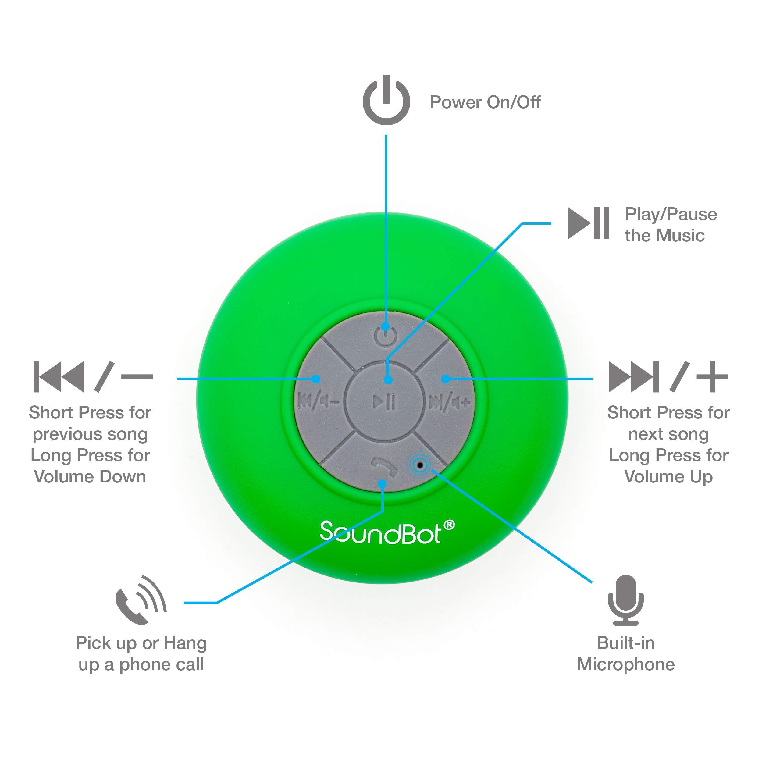Soundbot Soundbot SB510 HD Water Resistant Bluetooth Shower Speaker, Handsfree Portable Speakerphone with Built-in Mic, 6hrs of Playtime, Control Buttons and Dedicated Suction Cup for Showers (Green)