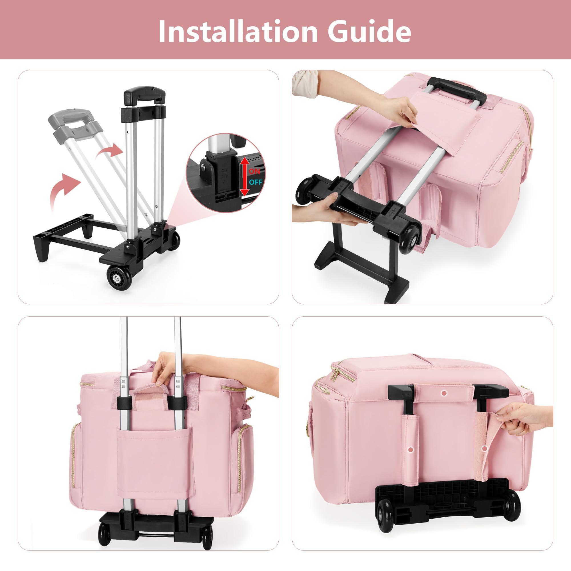 Prokva Prokva Rolling Teacher Bag with Wheels, Teacher Tote Bag with Detachable Trolley, Fits for 15.6" Laptop, Pink (Patent Design)