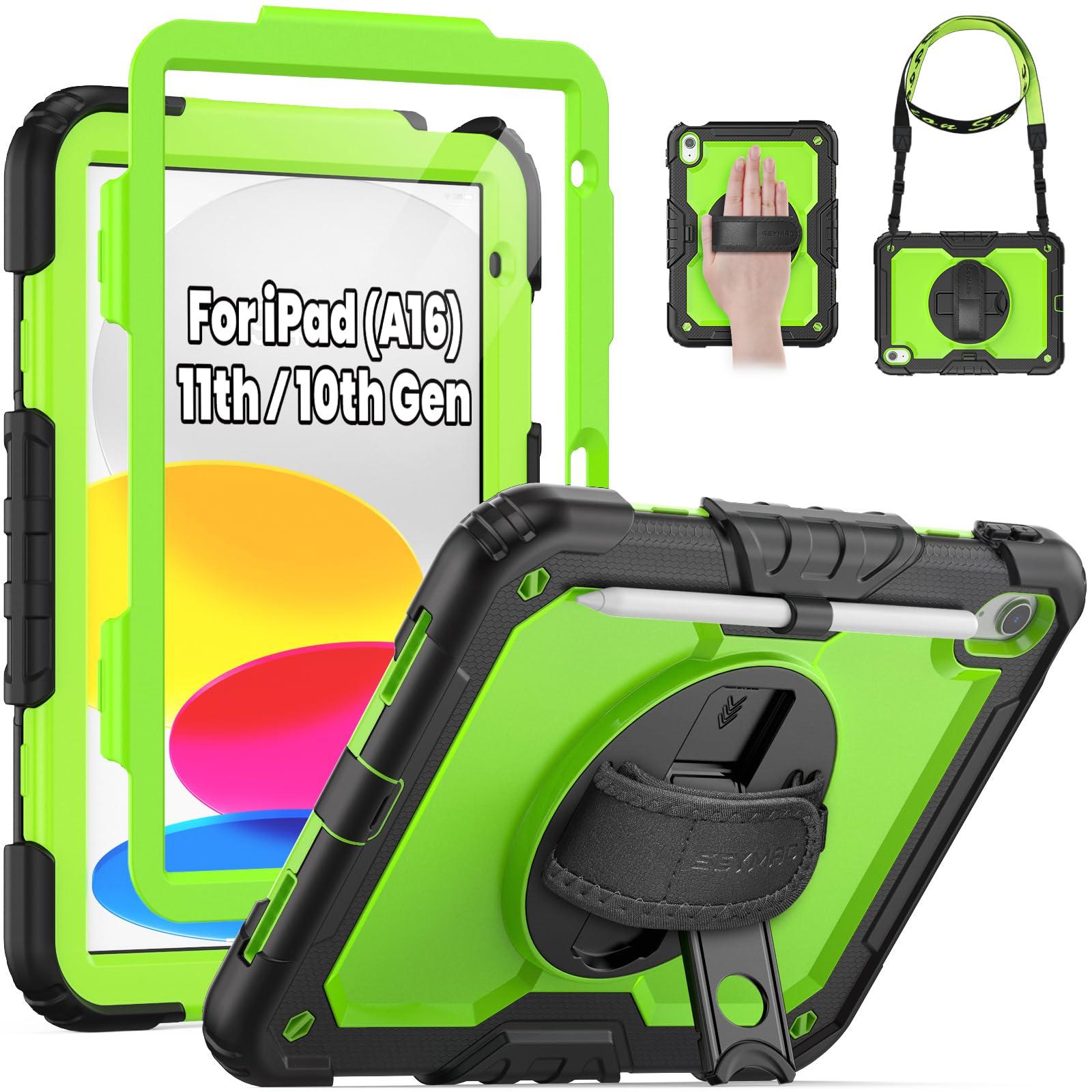 SEYMAC SEYMAC Case for iPad (A16) 11th/10th Generation 2025/2022 (11/10.9), Sturdy Heavy Duty Full-Body Shockproof Protective Case with Screen Protector, Rotating Stand, Hand/Shoulder Strap, Black/Green