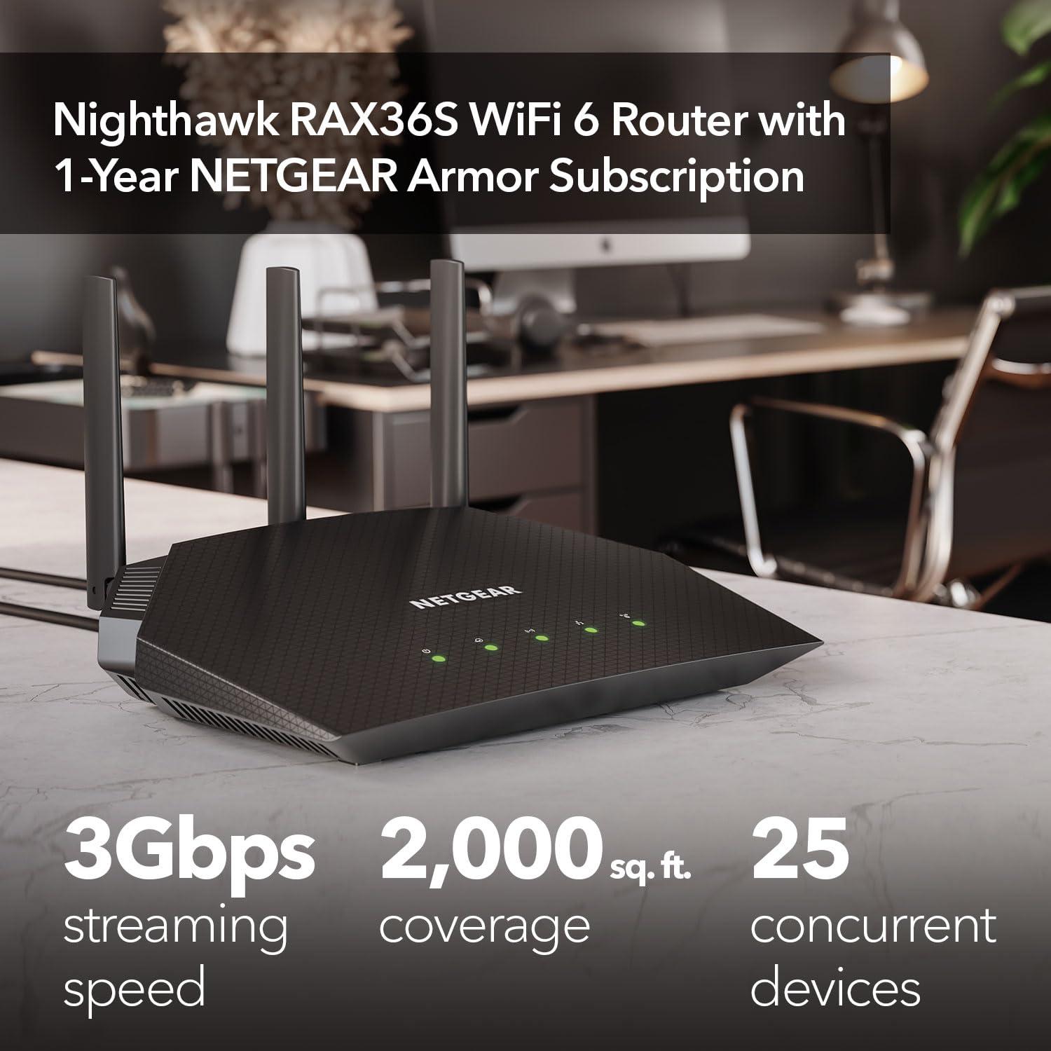 NETGEAR NETGEAR Nighthawk WiFi 6 Router (RAX36S) 4-Stream Gigabit Router AX3000 Dual-Band Wireless Speed (Up to 3Gbps) | Covers up to 2,000 sq. ft., 25 Devices | Includes 1-Year Armor Internet Security