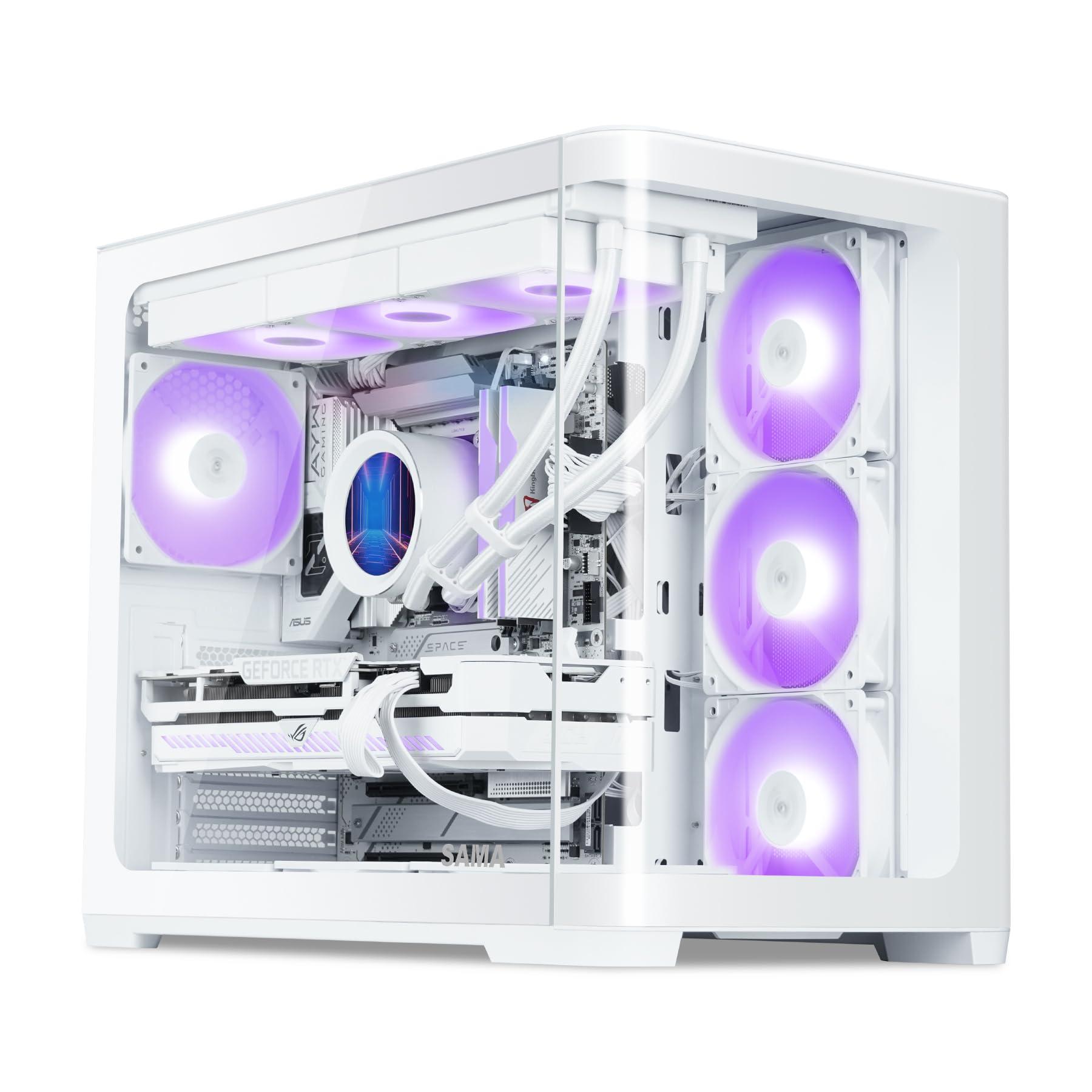 SAMA SAMA V60 Mid-Tower ATX PC Case, Curved Tempered Glass, High Airflow, 7x12cm ARGB PWM Fans with Fan Hub Pre-Installed, USB Type-C, ATX/MATX/ITX Back-Connect Support, 360mm Radiator Support, White