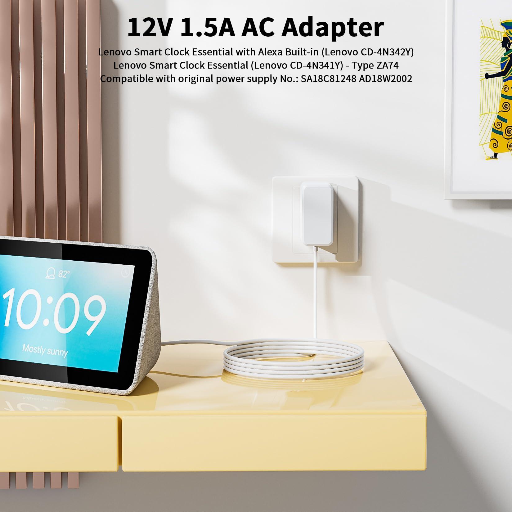 BolAAzuL 15W Power Cord Replacement for Amazon Echo Dot 3rd/4th Gen, Echo Dot 3rd/4th Kids Edition, Echo Show 5 and Lenovo Smart Clock Essential CD-4N341Y CD-4N342Y, 12V 1.5A AC Power Adapter Supply, White