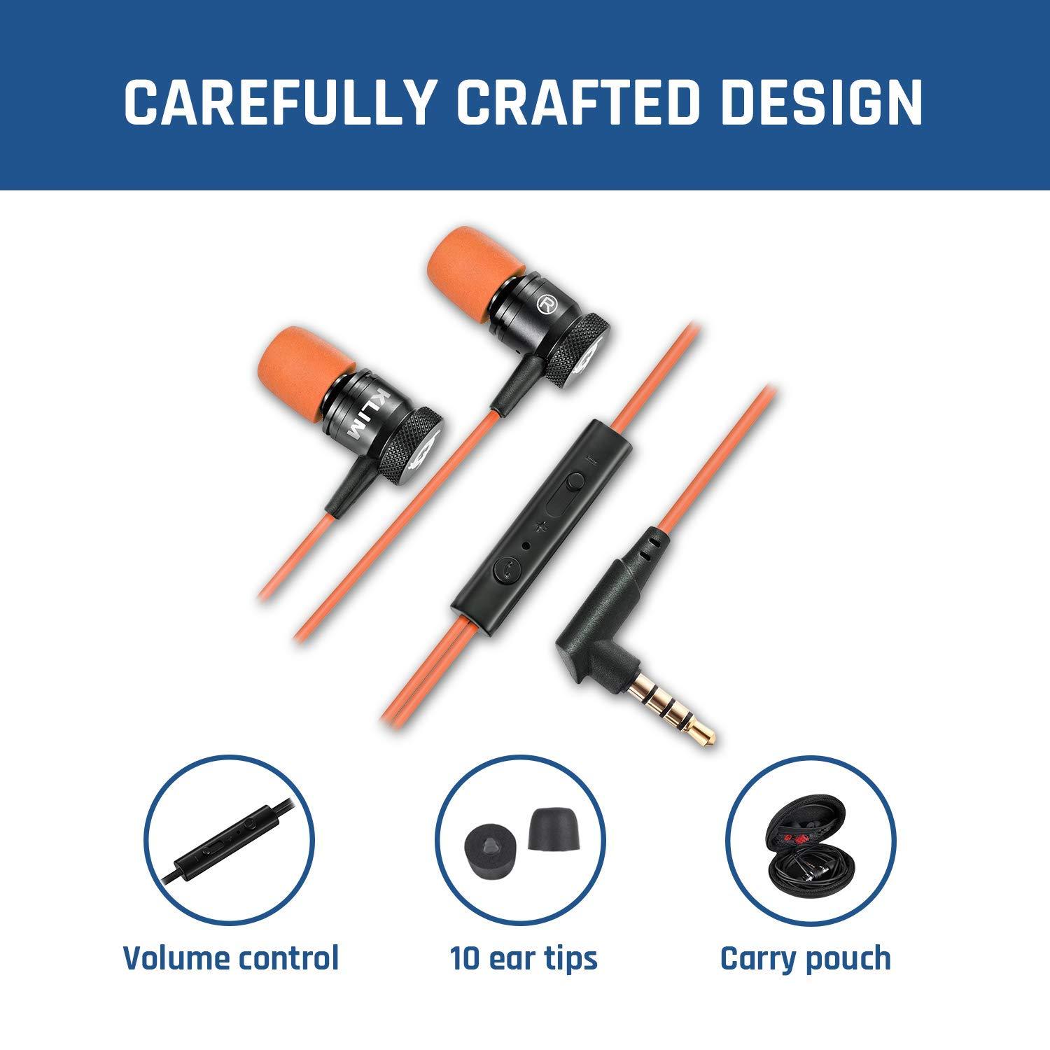 KLIM KLIM Fusion Earbuds Wired with Microphone + Long-Lasting with 5 Years Assurance - New - Innovative Memory Foam Earbuds + Gaming Earbuds with Mic and 3.5 mm Jack - Orange Earphones