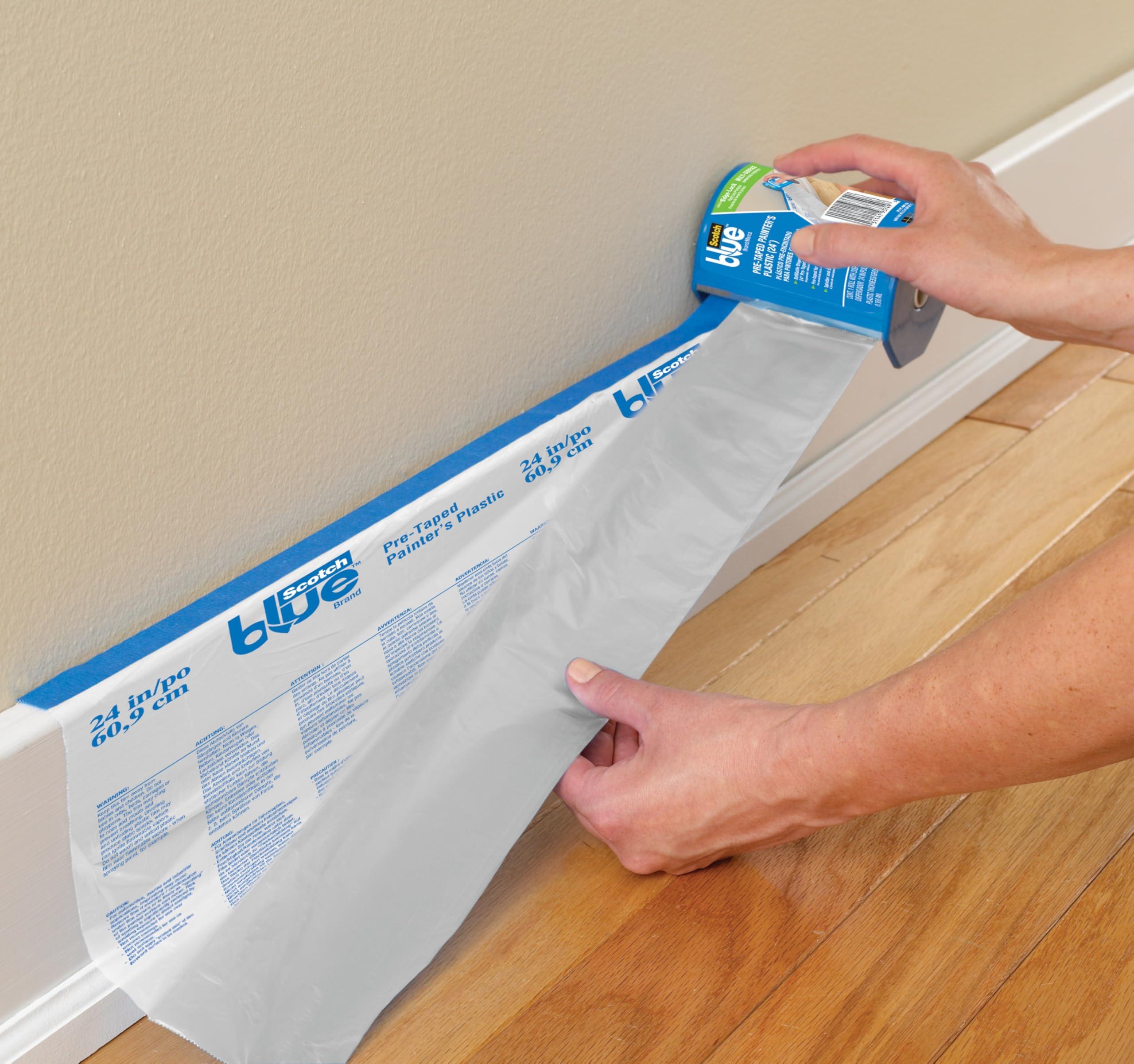ScotchBlue ScotchBlue Pre Plastic Painters Tape with Bladed Dispenser, 24 in x 30yd, Tape & Masking Film Combined in One Product, Static Cling to Stay in One Place, No Residue Masking Tape (PTD2093EL-24-S)